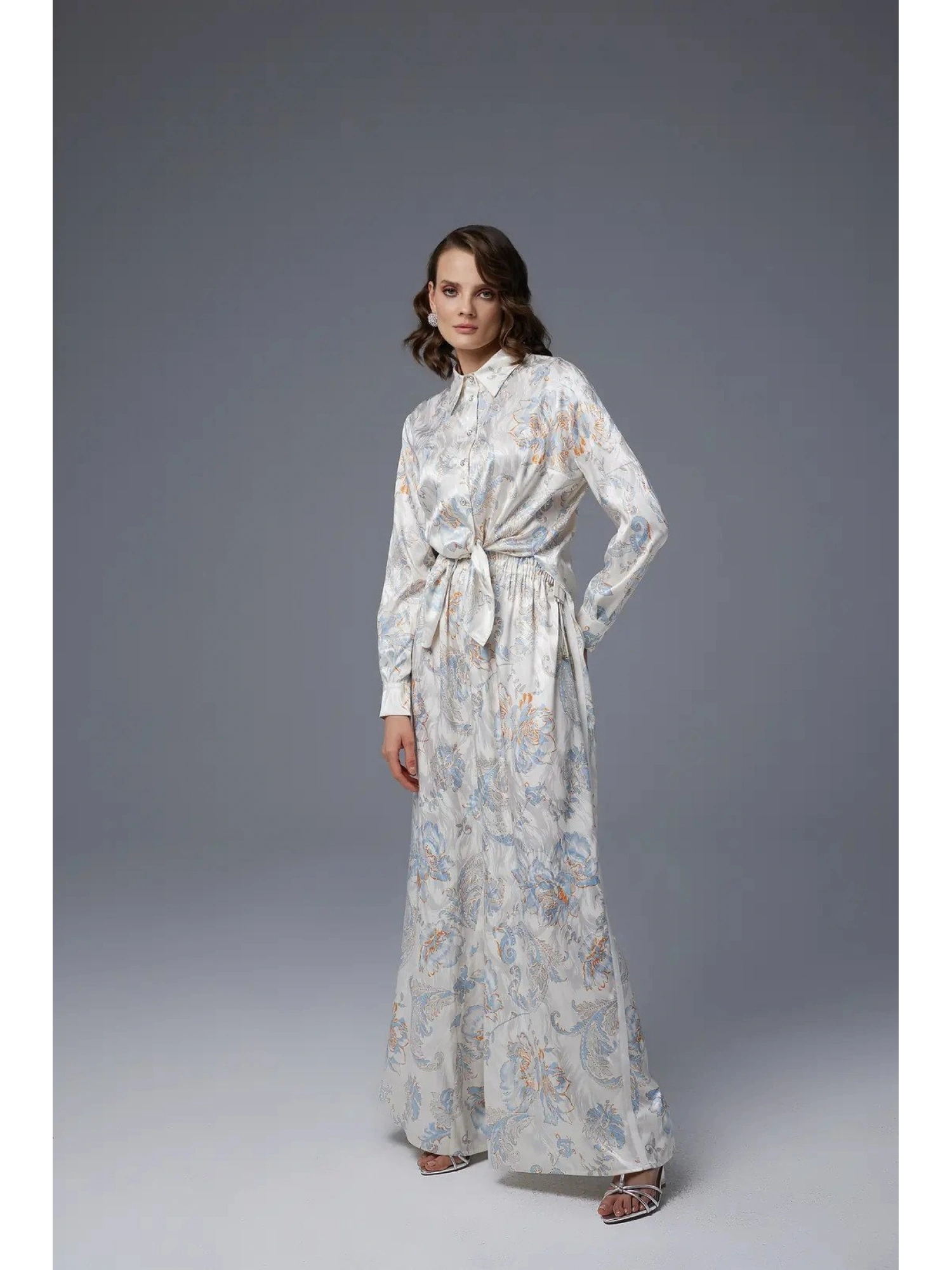 Jamila Sarah Desenli Saten Gömlek Pantolon Takım 9043