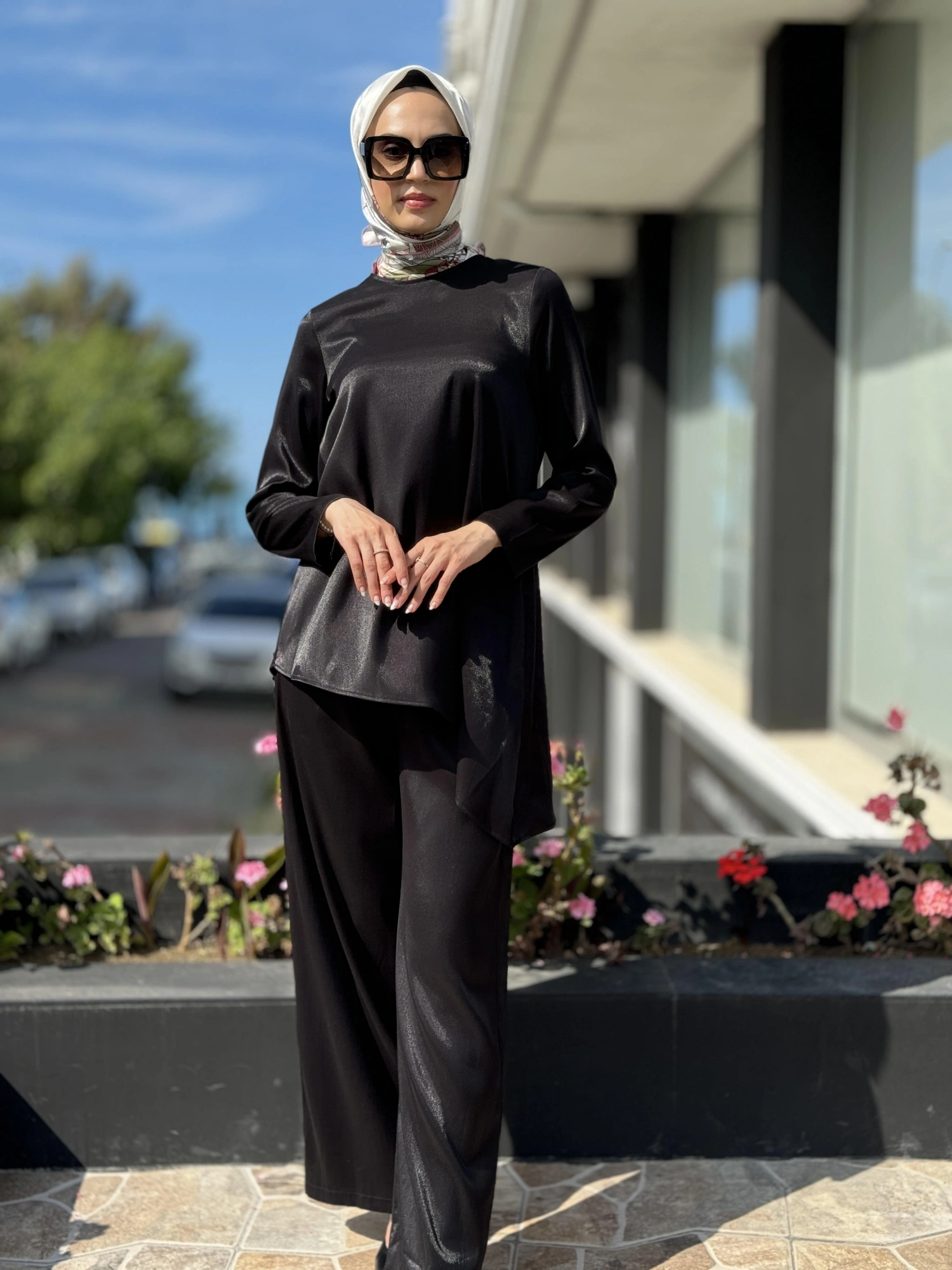 Kahma Asimetrik Simli Tunik  Beli Lastikli Cepli Pantolon Takım