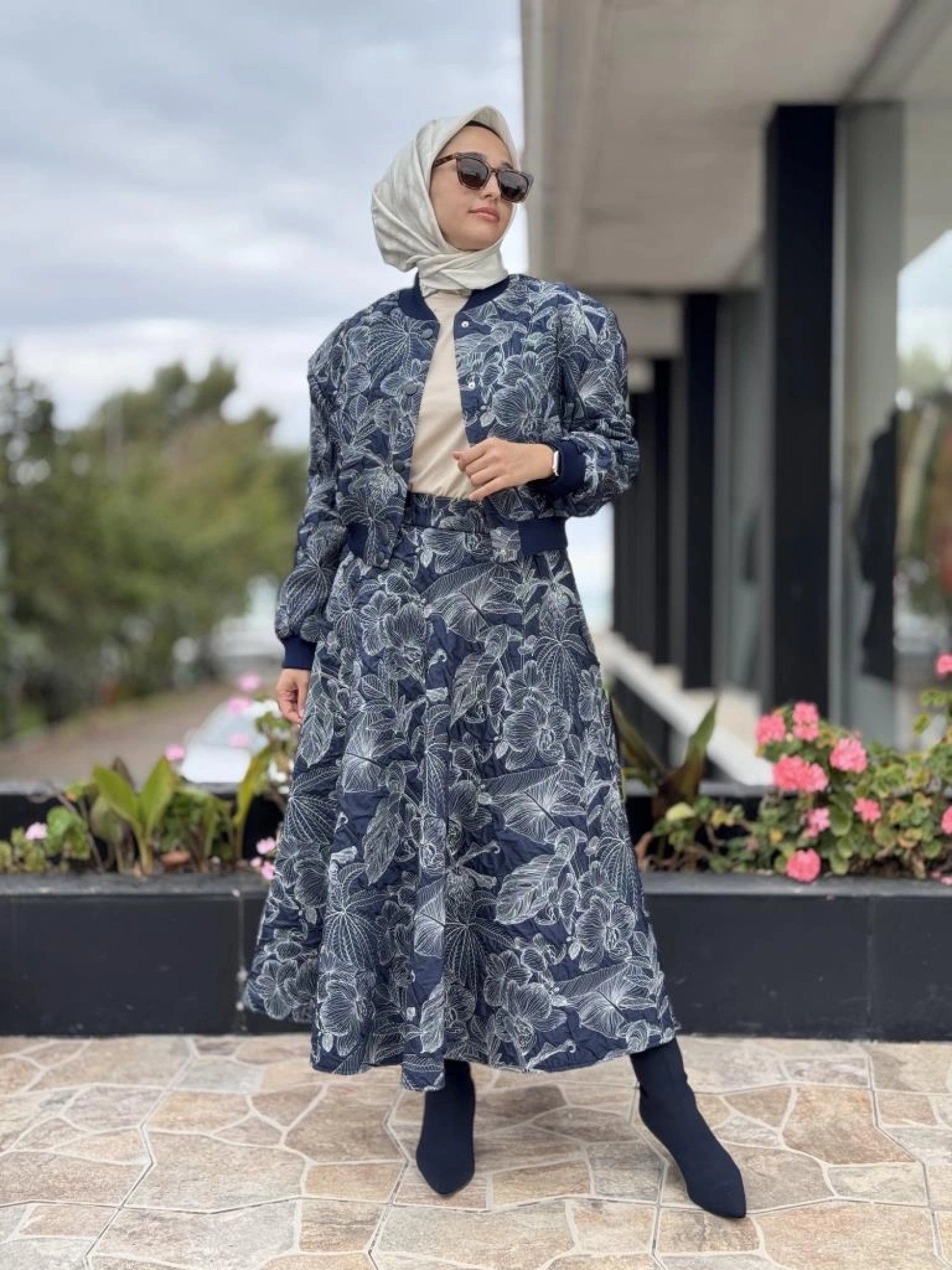 Kahma Florel Desen Kapitone Bomber Ceket Etek Takım