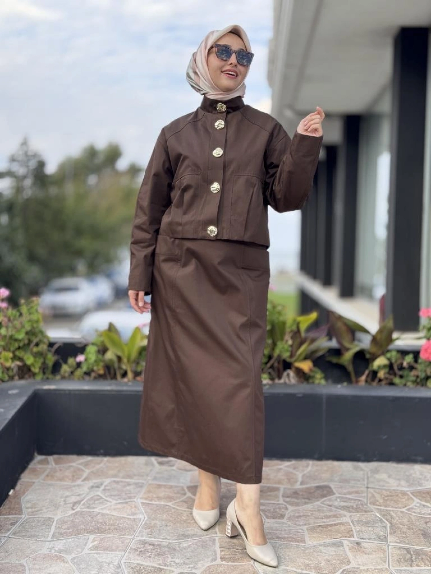 Kahma Gold Düğme Detaylı Kanvas Ceket Etek Takım