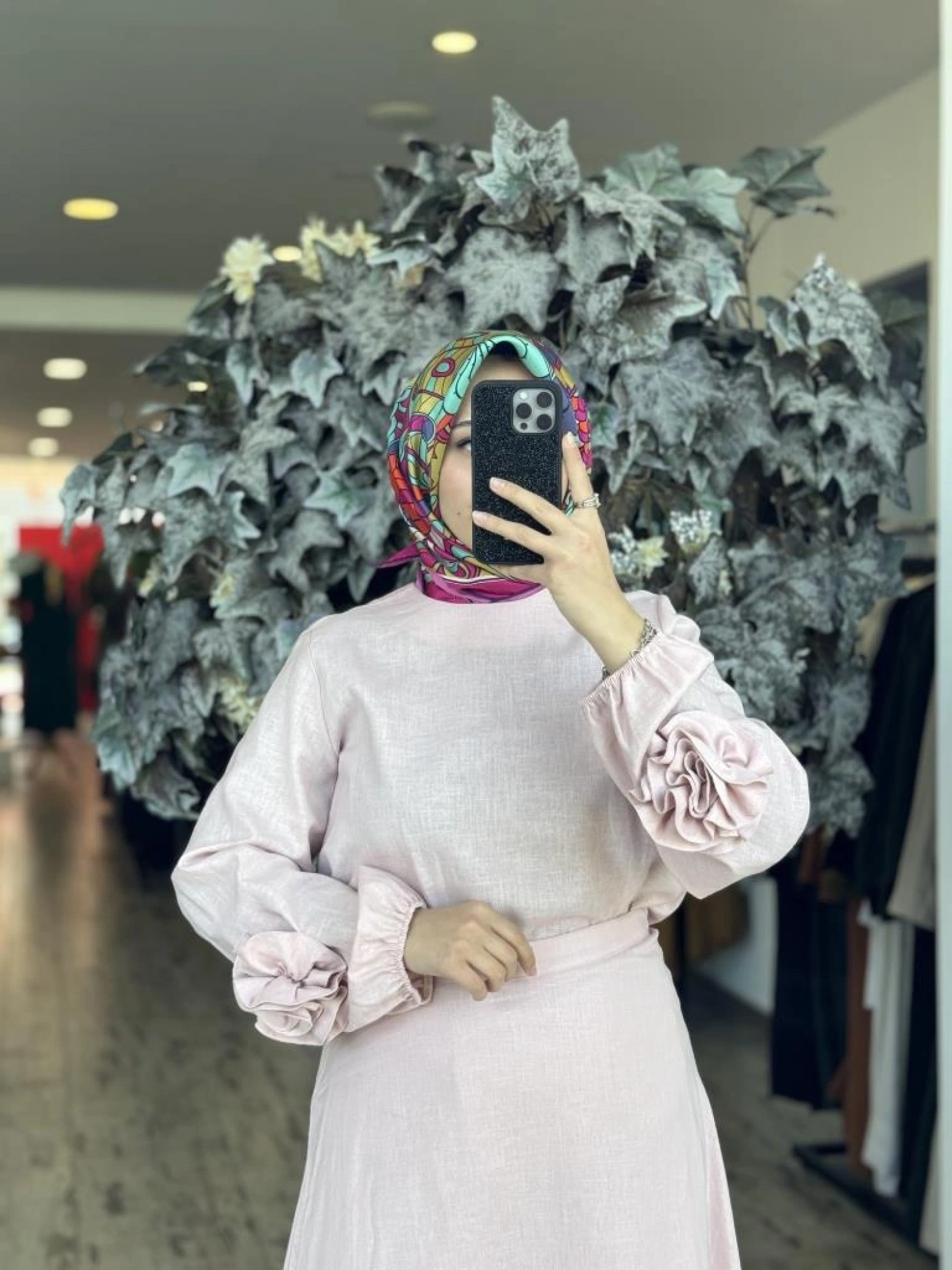 Kahma Kolları Gül Detaylı Pamuk Keten Bluz Etek Takım