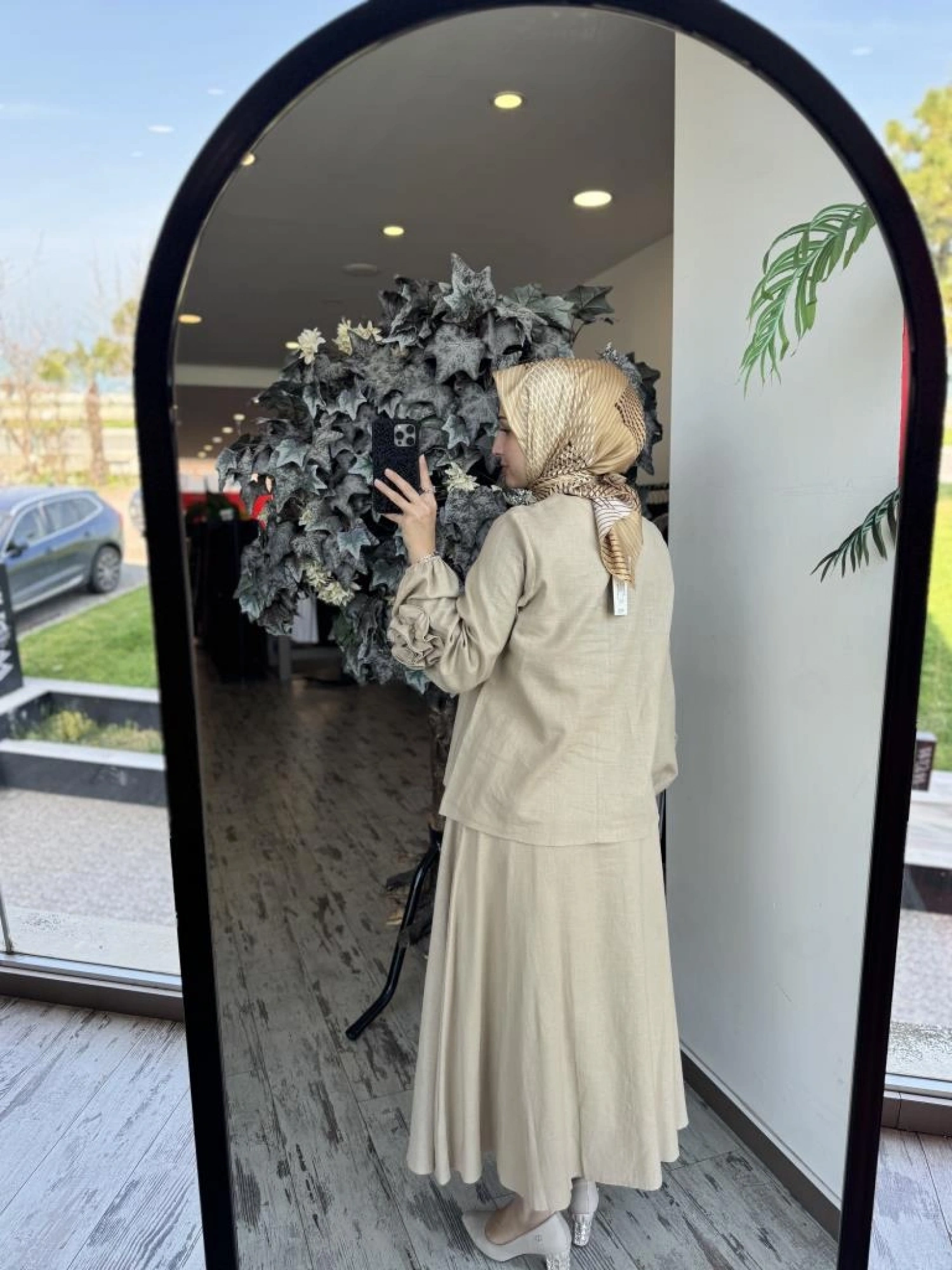 Kahma Kolları Gül Detaylı Pamuk Keten Bluz Etek Takım