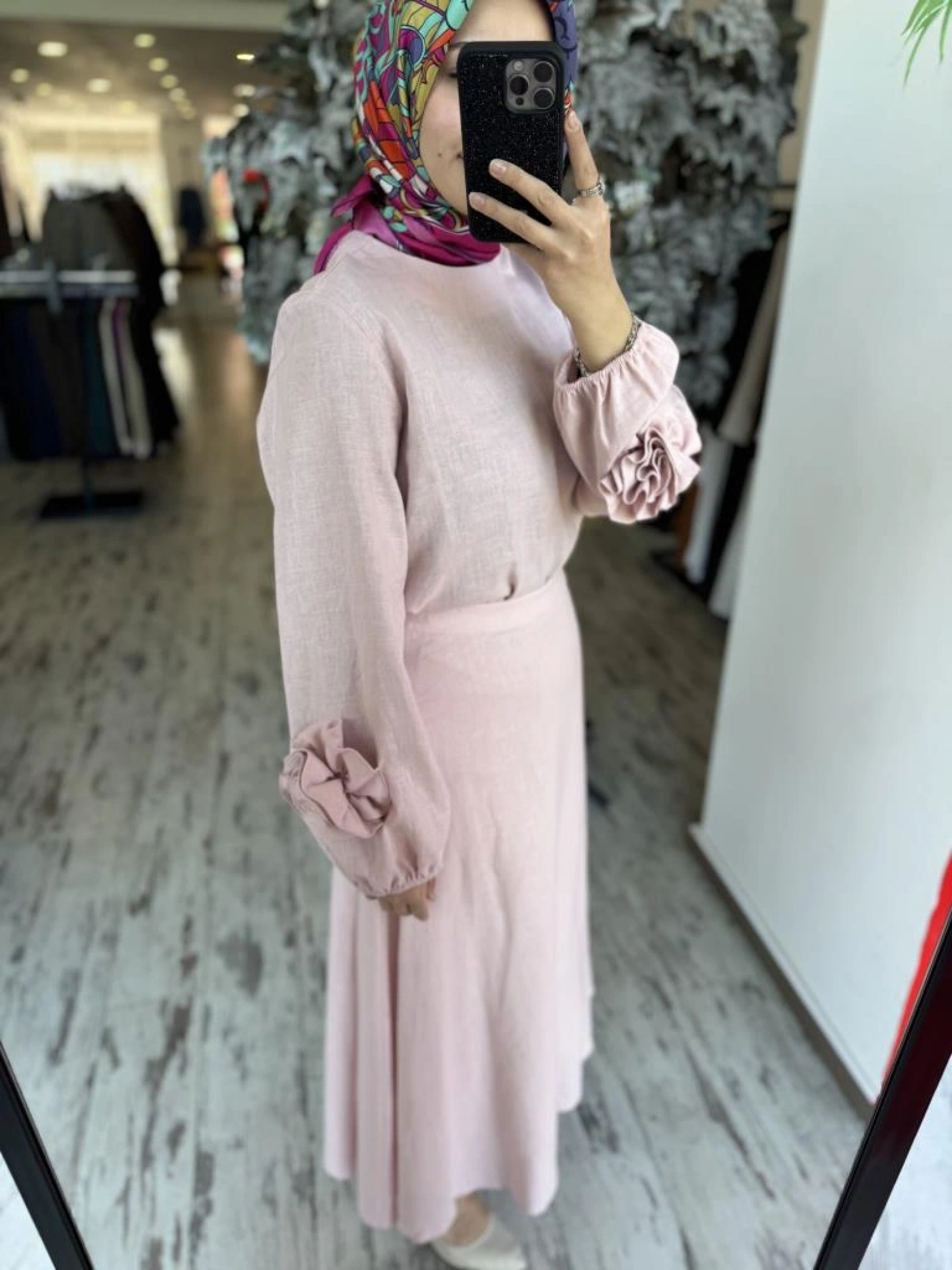 Kahma Kolları Gül Detaylı Pamuk Keten Bluz Etek Takım