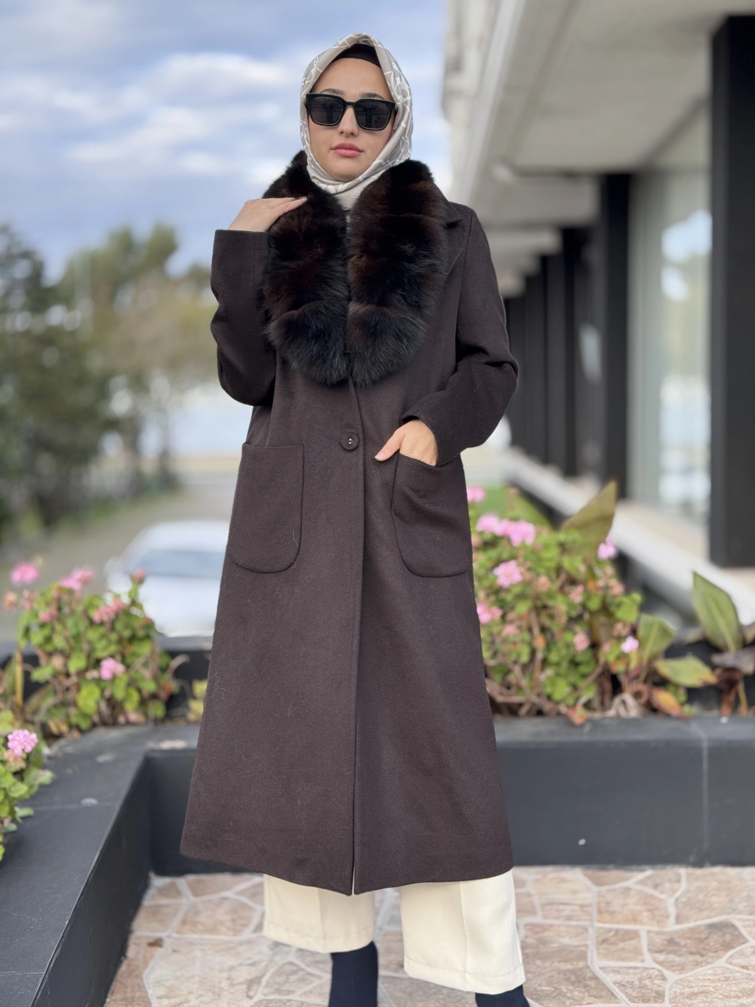 Kahma Seyyar Kürk Yakalı Kaşe Kaban