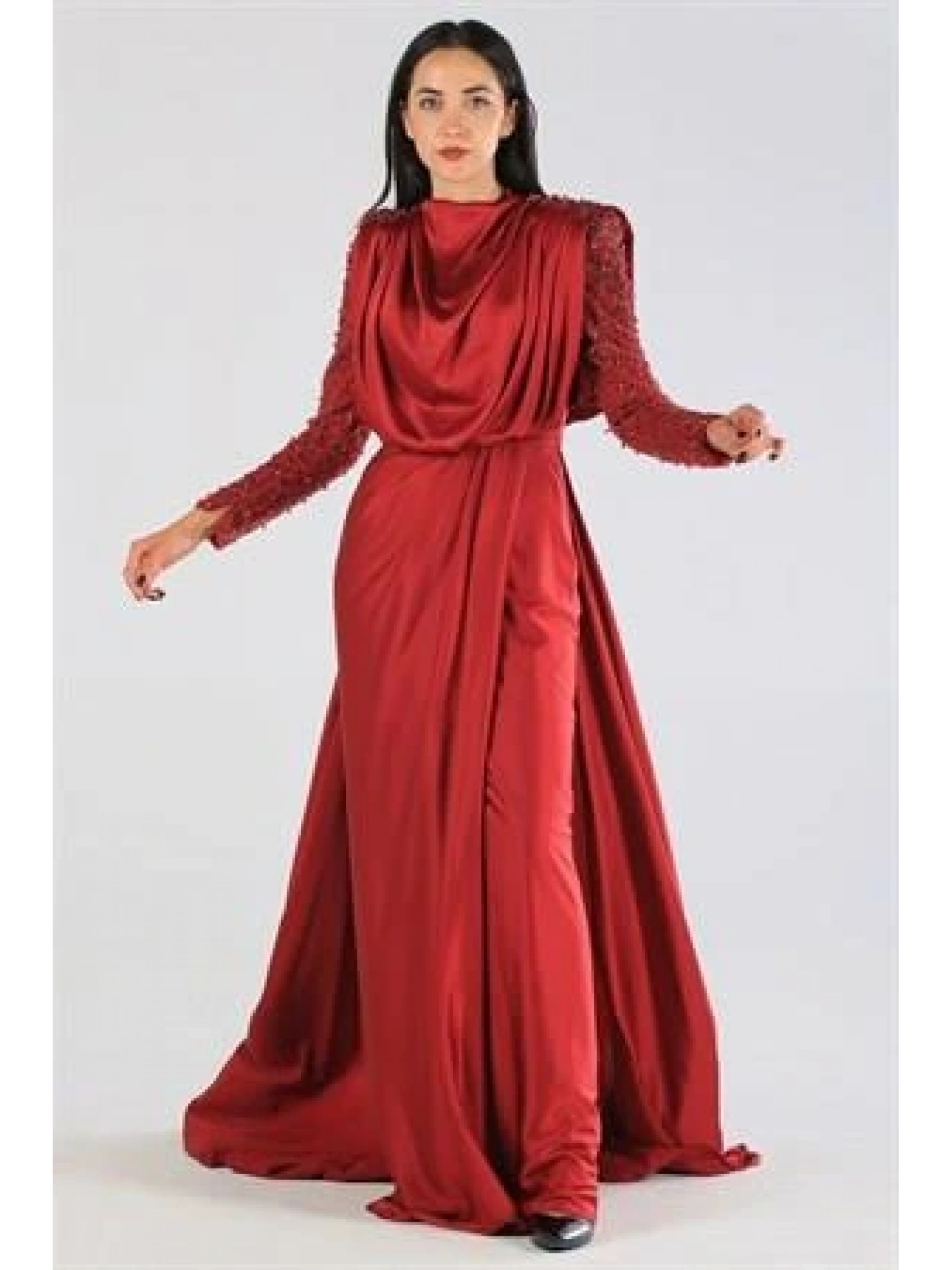 Kenzel Kolu Taşlı Bordo Tesettür Abiye Elbise (KENZEL-1104)