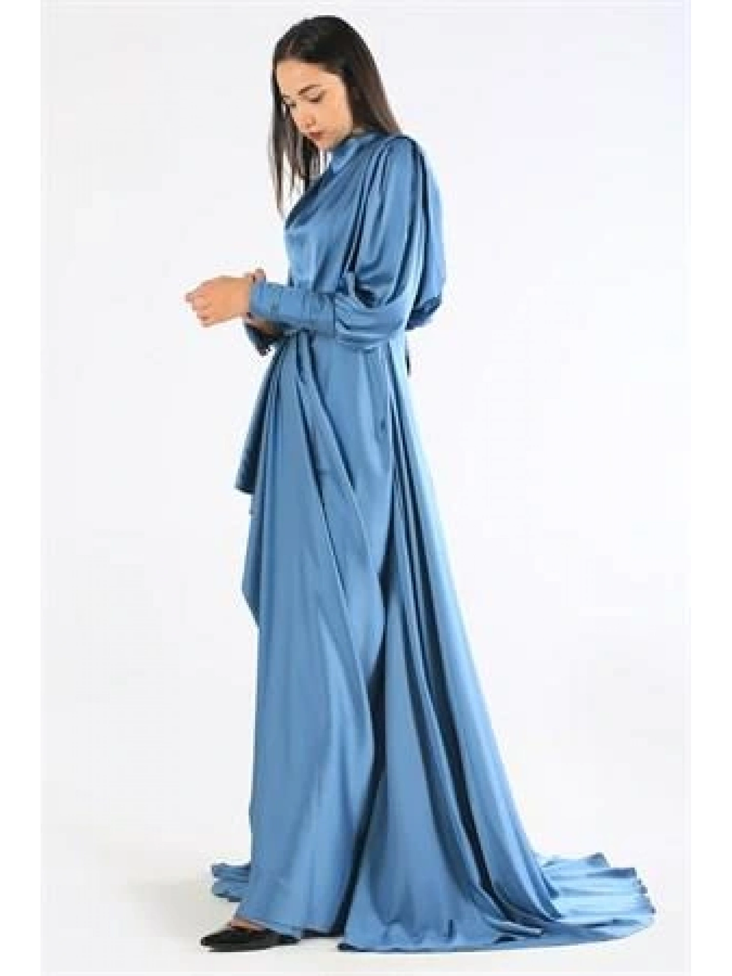 Kenzel Saten İndigo Tesettür Abiye Elbise (KENZEL1103)