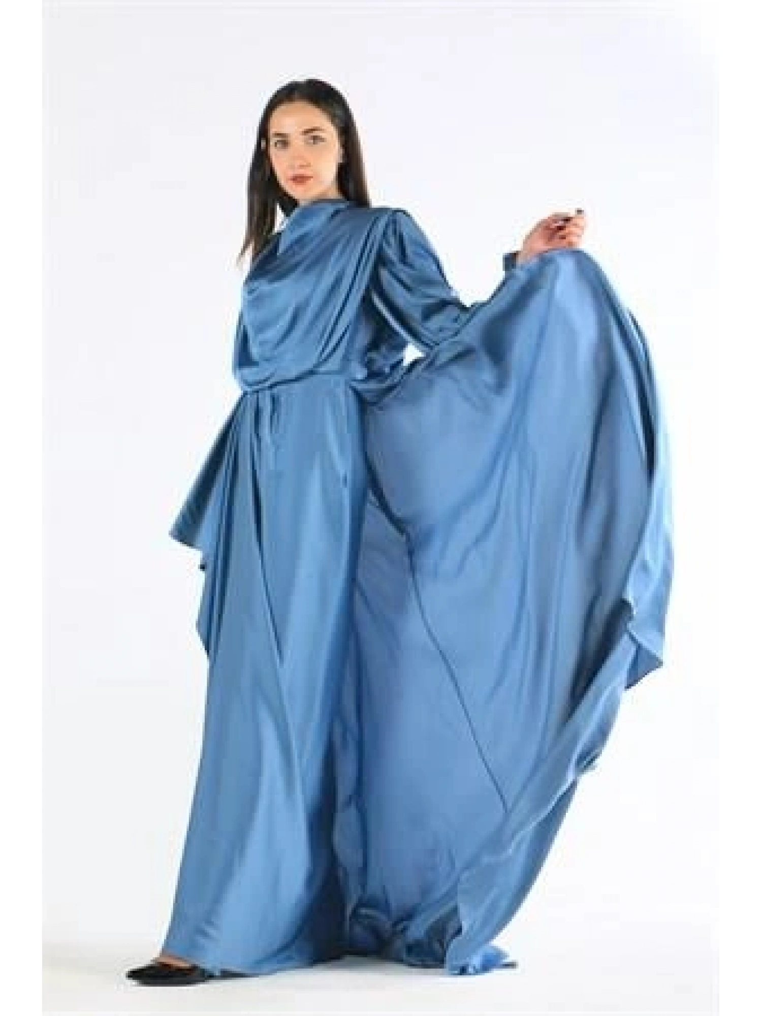 Kenzel Saten İndigo Tesettür Abiye Elbise (KENZEL1103)