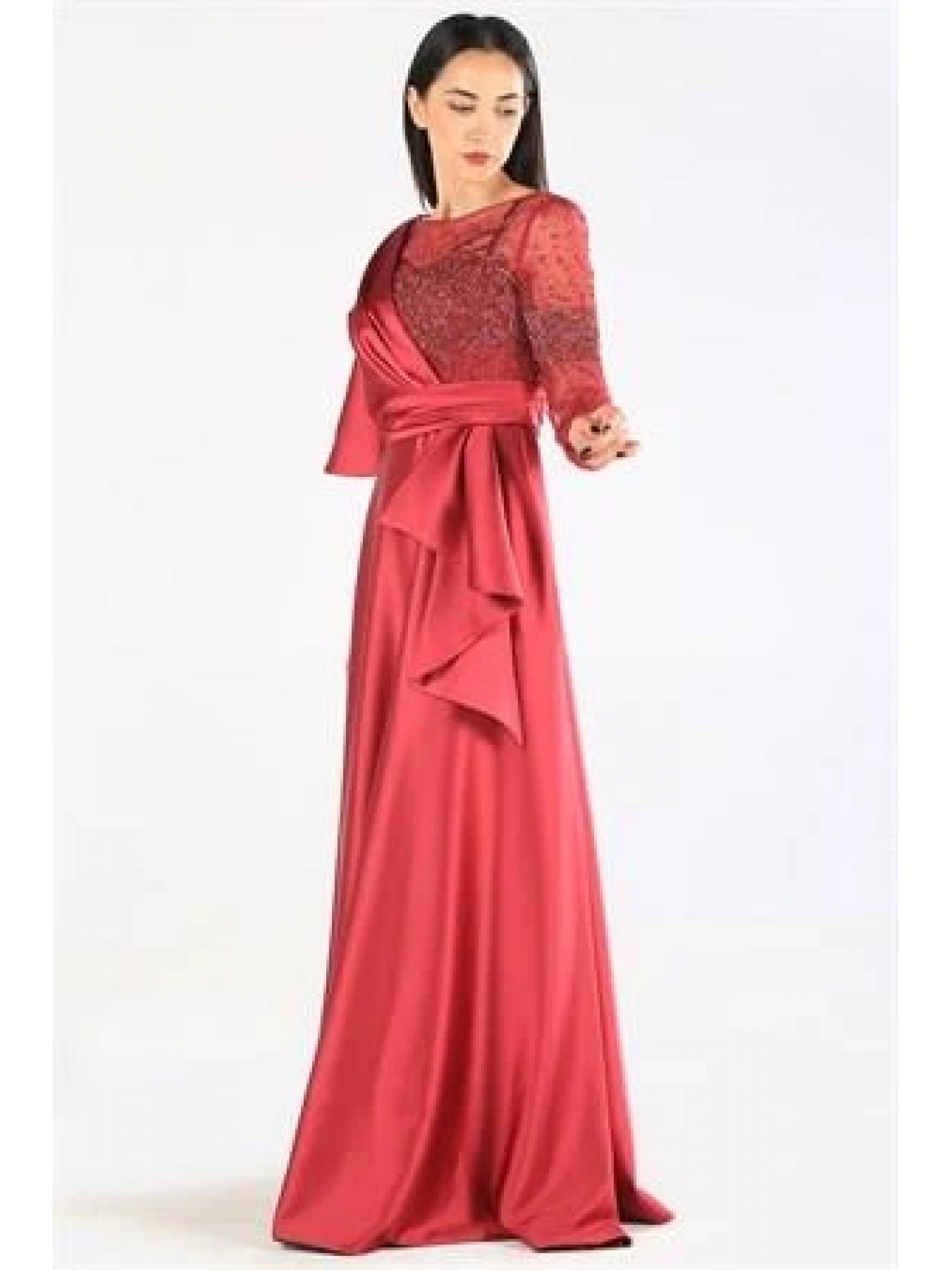 Kenzel Taş Detaylı Bordo Saten Tesettür Abiye Elbise (KENZEL-1001)