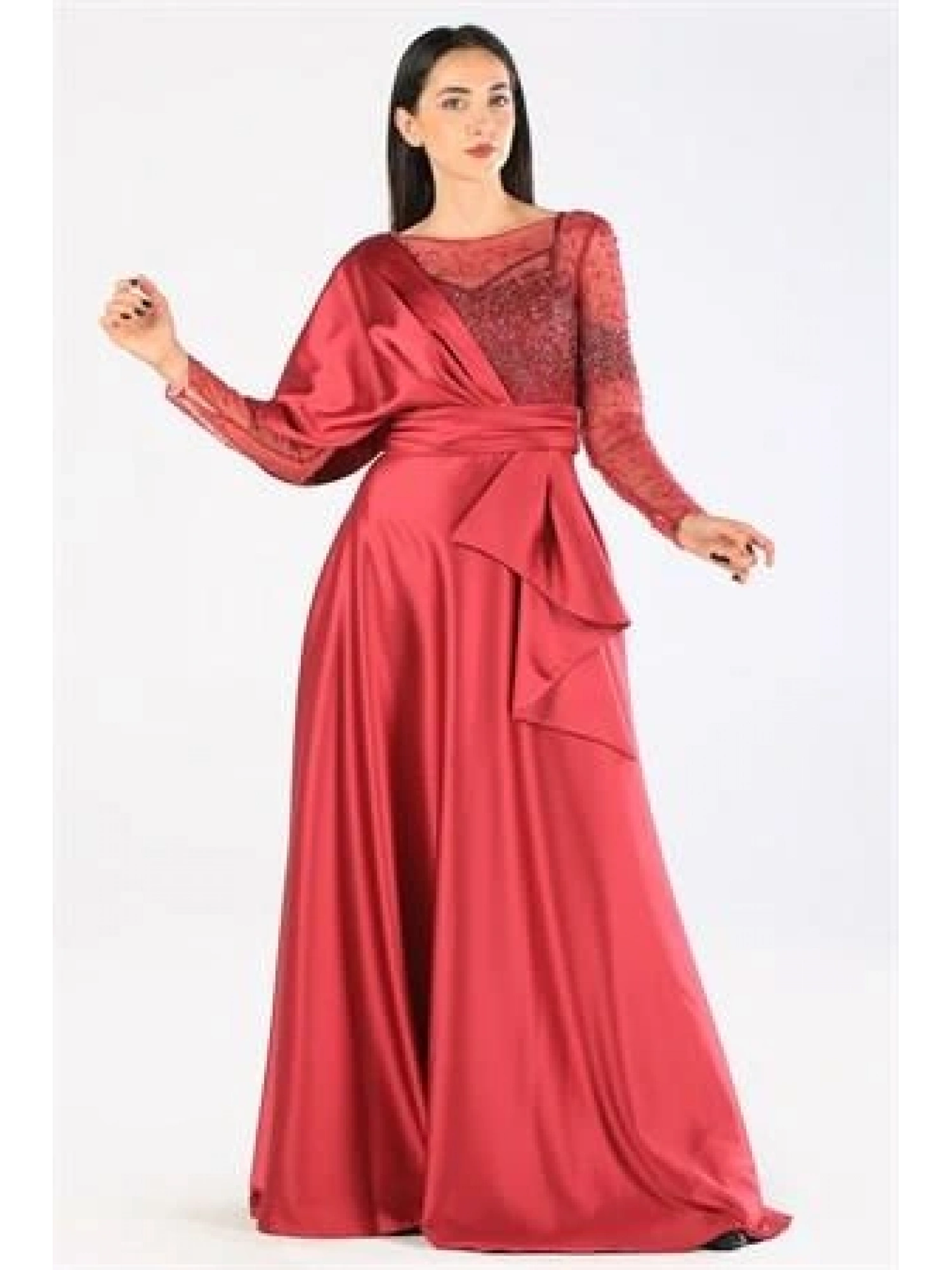 Kenzel Taş Detaylı Bordo Saten Tesettür Abiye Elbise (KENZEL-1001)