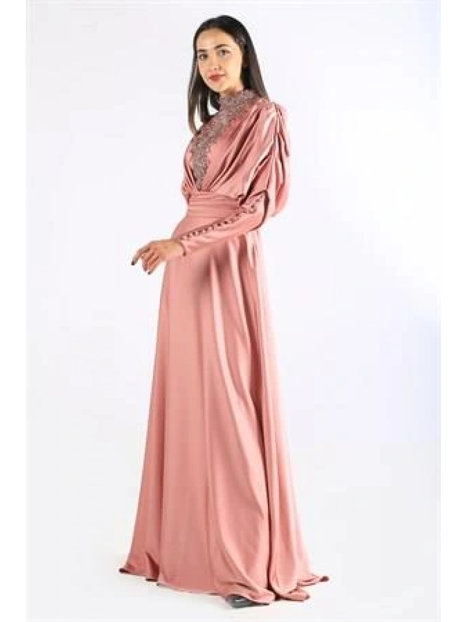 Kenzel Taşlı Somon Saten Tesettür Abiye (KENZEL1102)