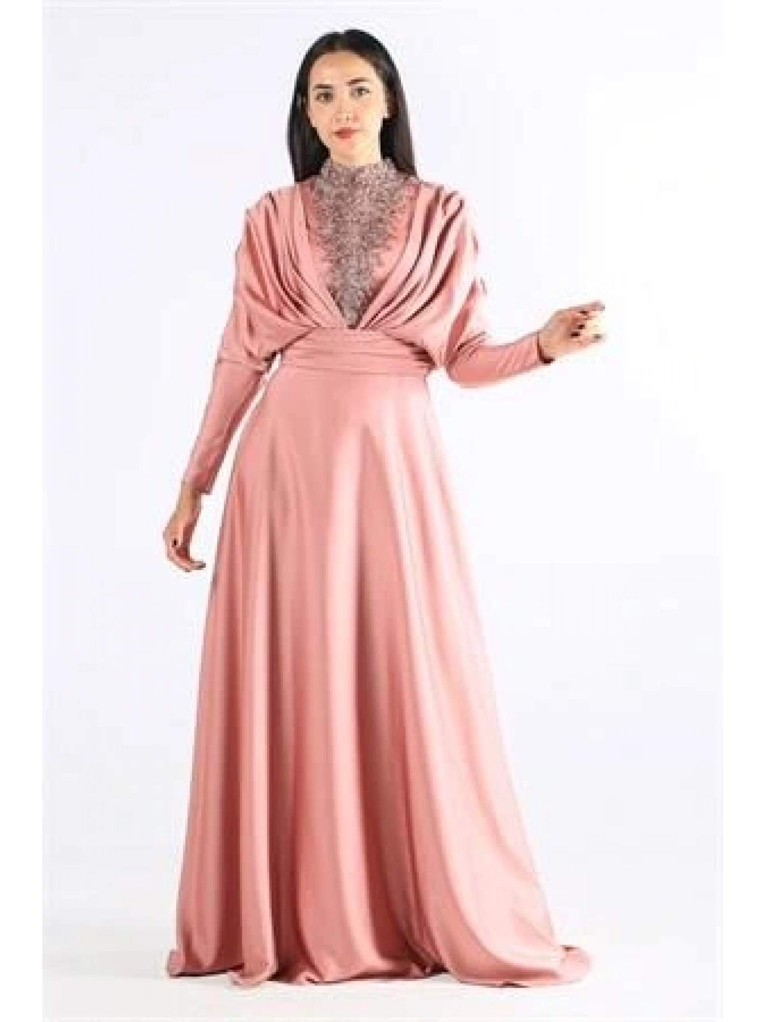 Kenzel Taşlı Somon Saten Tesettür Abiye (KENZEL1102)