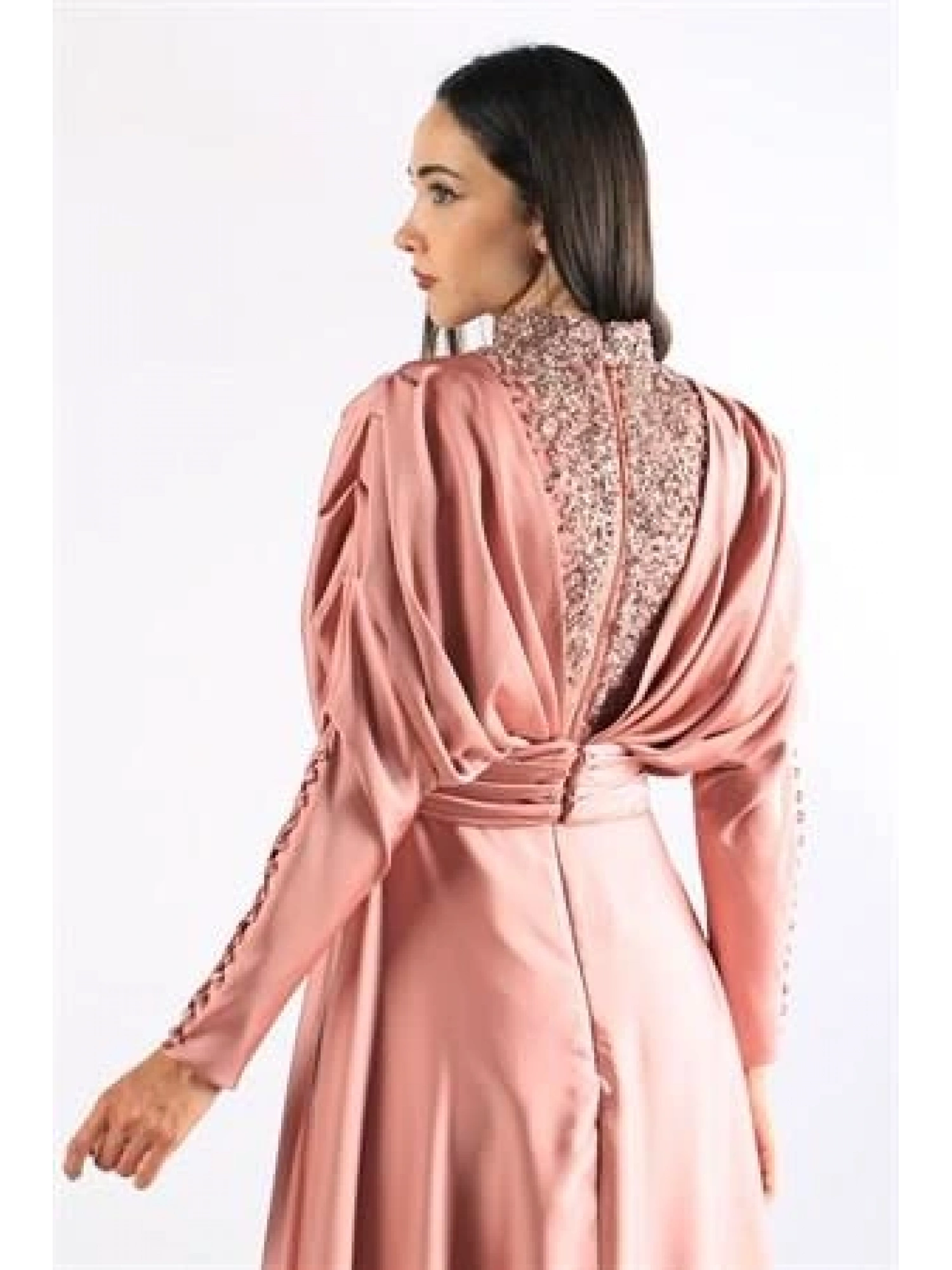 Kenzel Taşlı Somon Saten Tesettür Abiye (KENZEL1102)