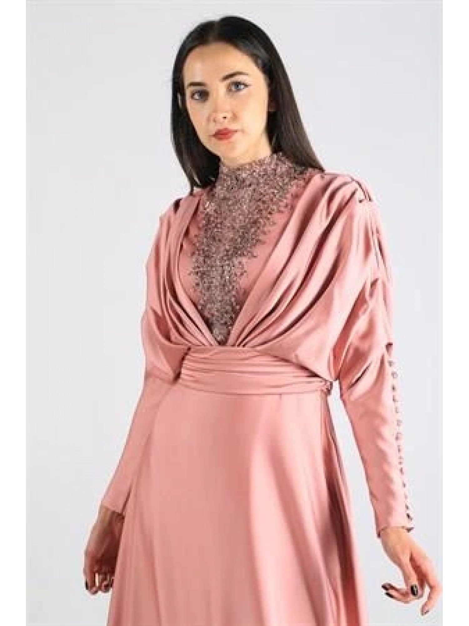 Kenzel Taşlı Somon Saten Tesettür Abiye (KENZEL1102)