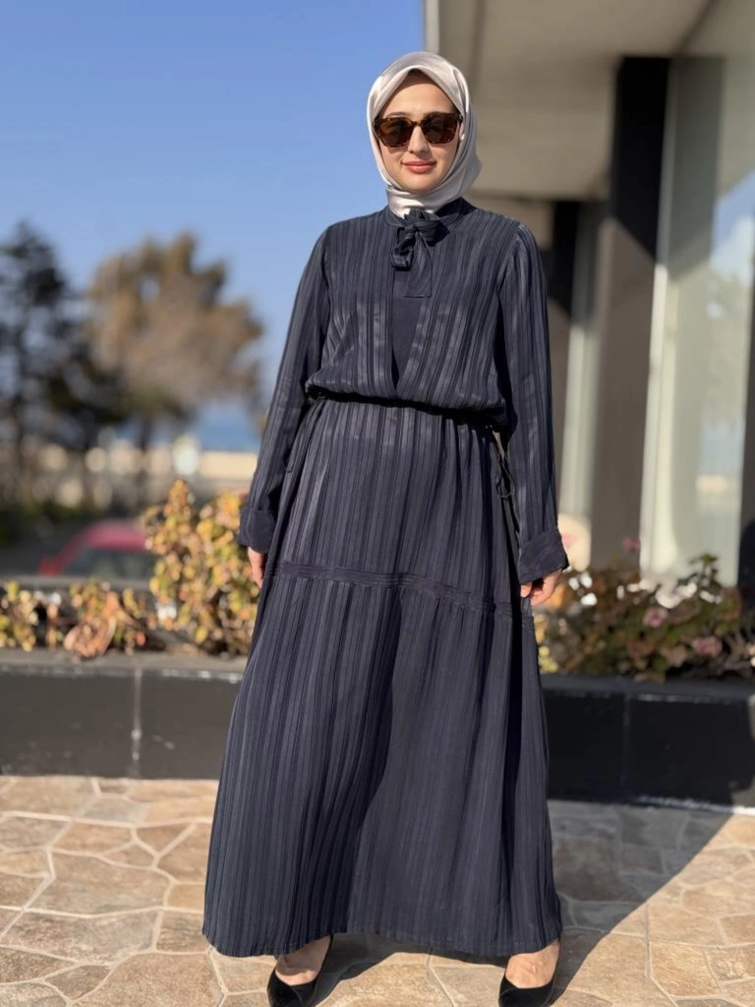 Misswhence Belden Büzgülü Çizgili Cupra İpek Elbise 37810