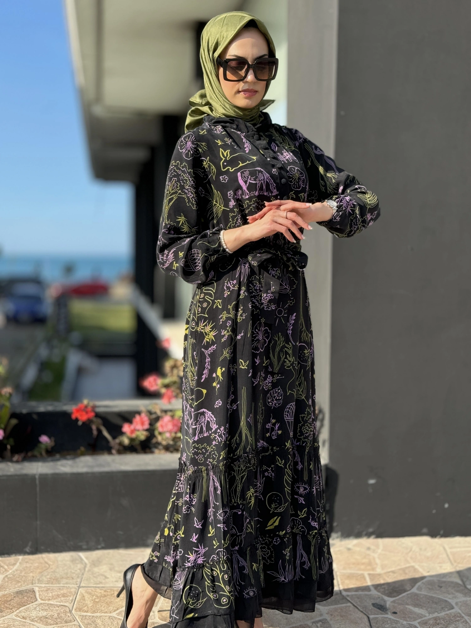 Misswhence Desenli Jakarlı İpek Elbise 35846