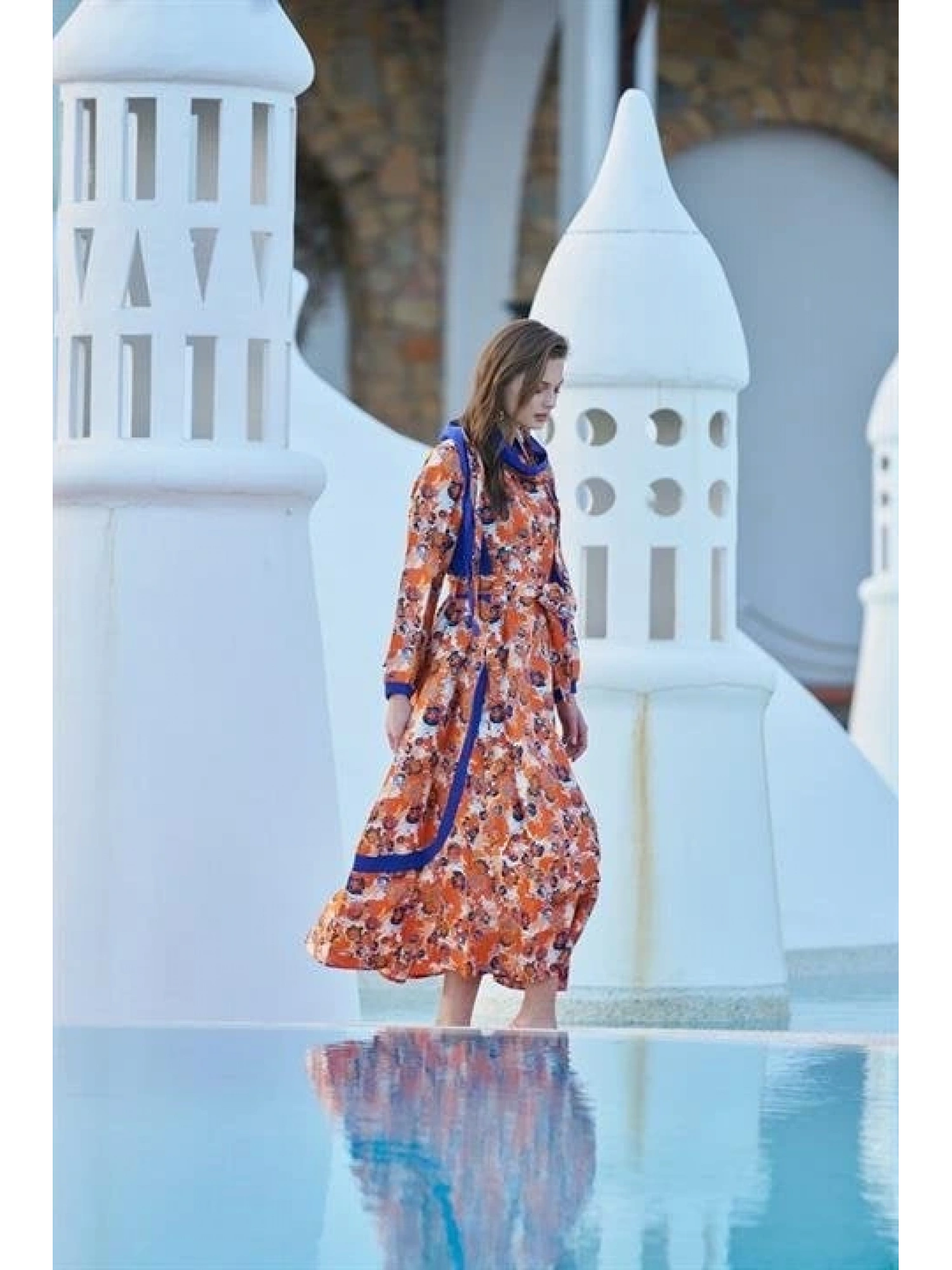 Misswhence Desenli Oranj İpek Elbise 33802