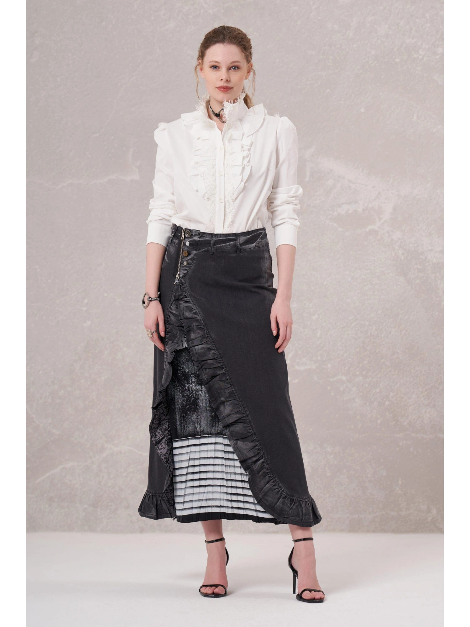 Misswhence İpek Baskı Detaylı Fırfırlı Kot Etek 35902