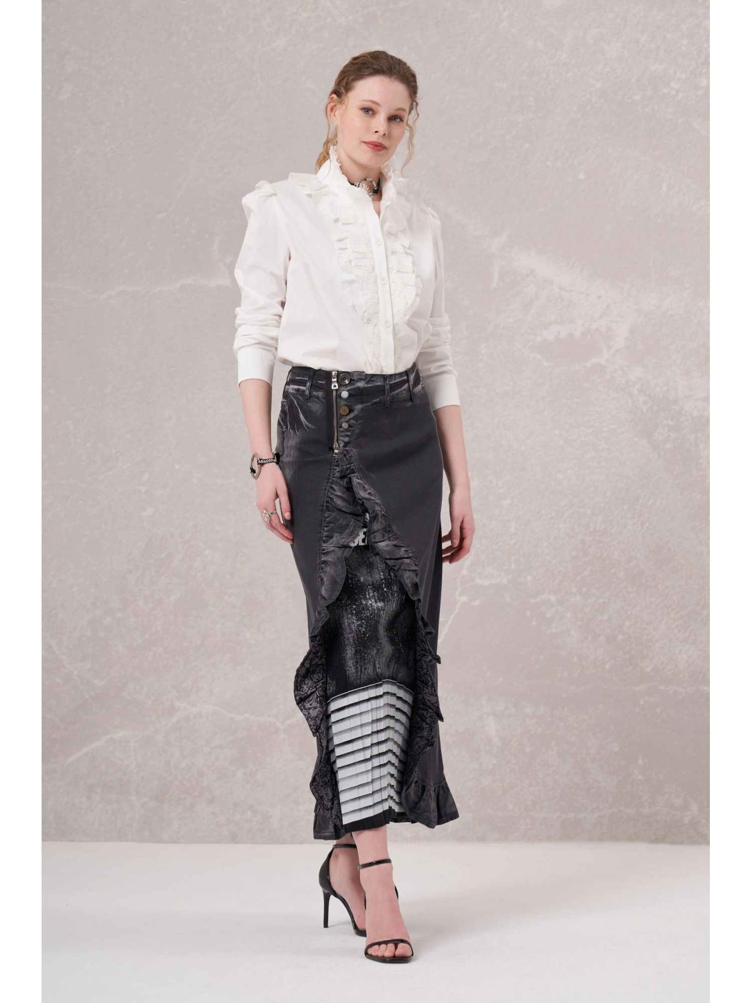 Misswhence İpek Baskı Detaylı Fırfırlı Kot Etek 35902