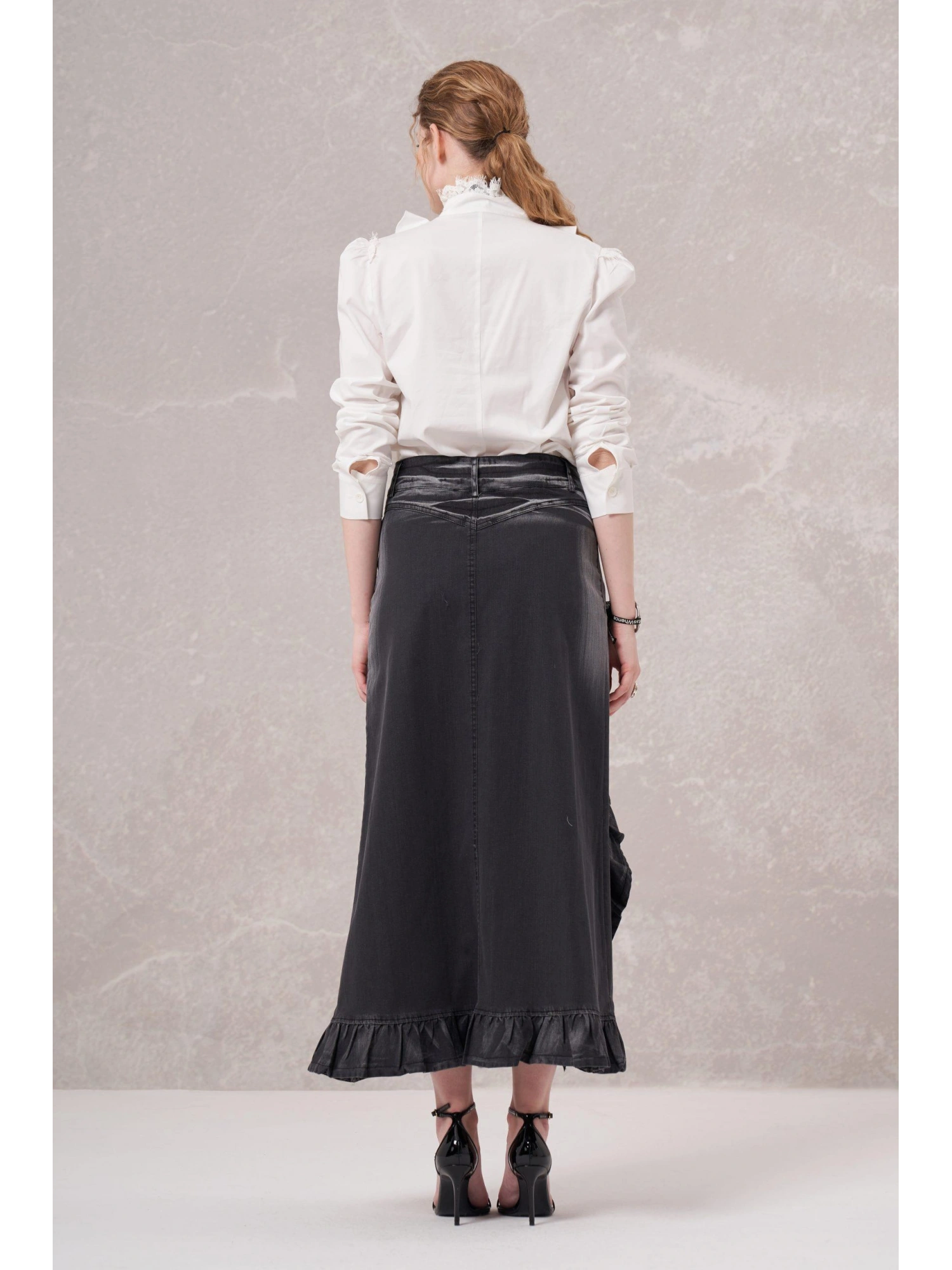 Misswhence İpek Baskı Detaylı Fırfırlı Kot Etek 35902