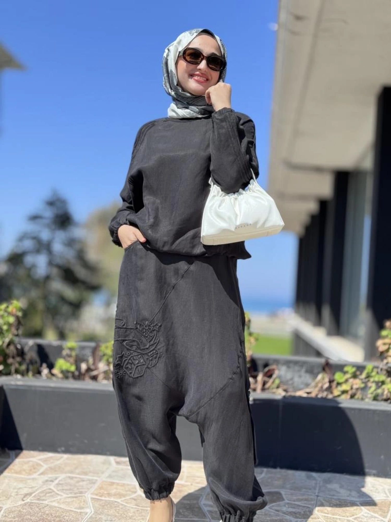 Misswhence İpek Keten Bluz Şalvar Etek Takım 37002