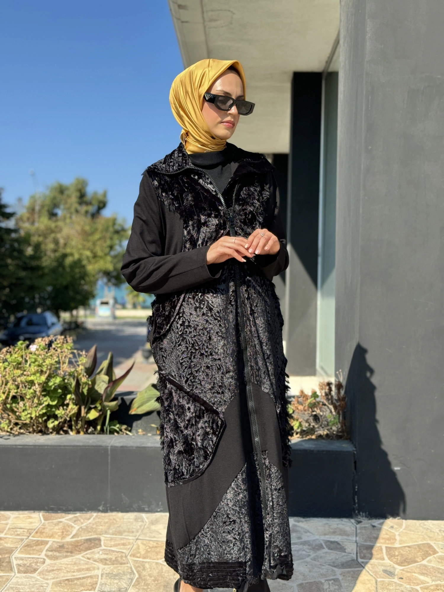 Misswhence Kadife Patchwork Siyah Pardesü 36410