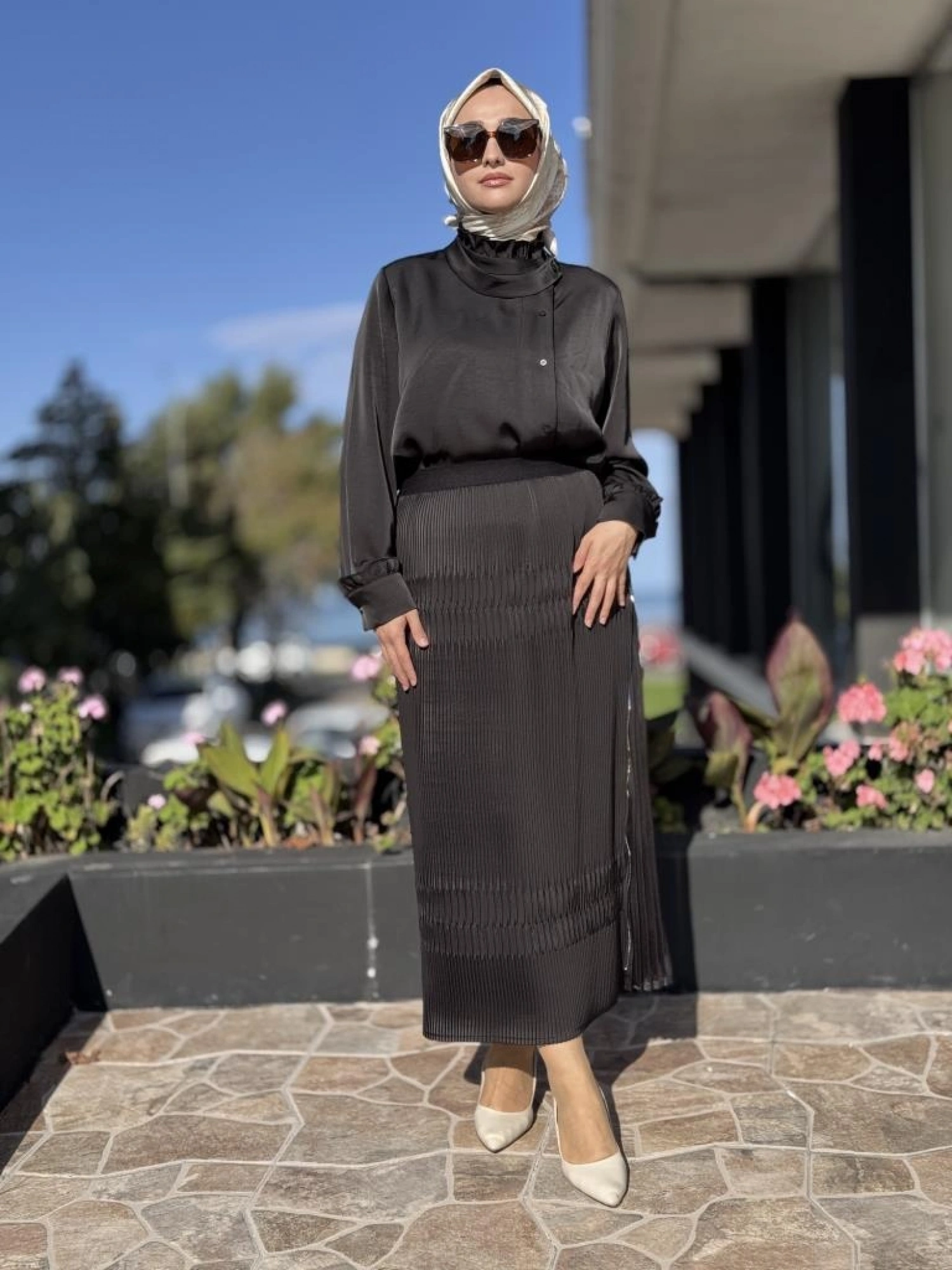 Misswhence Saten Pliseli Fermuarlı Etek Gömlek Takım 38015