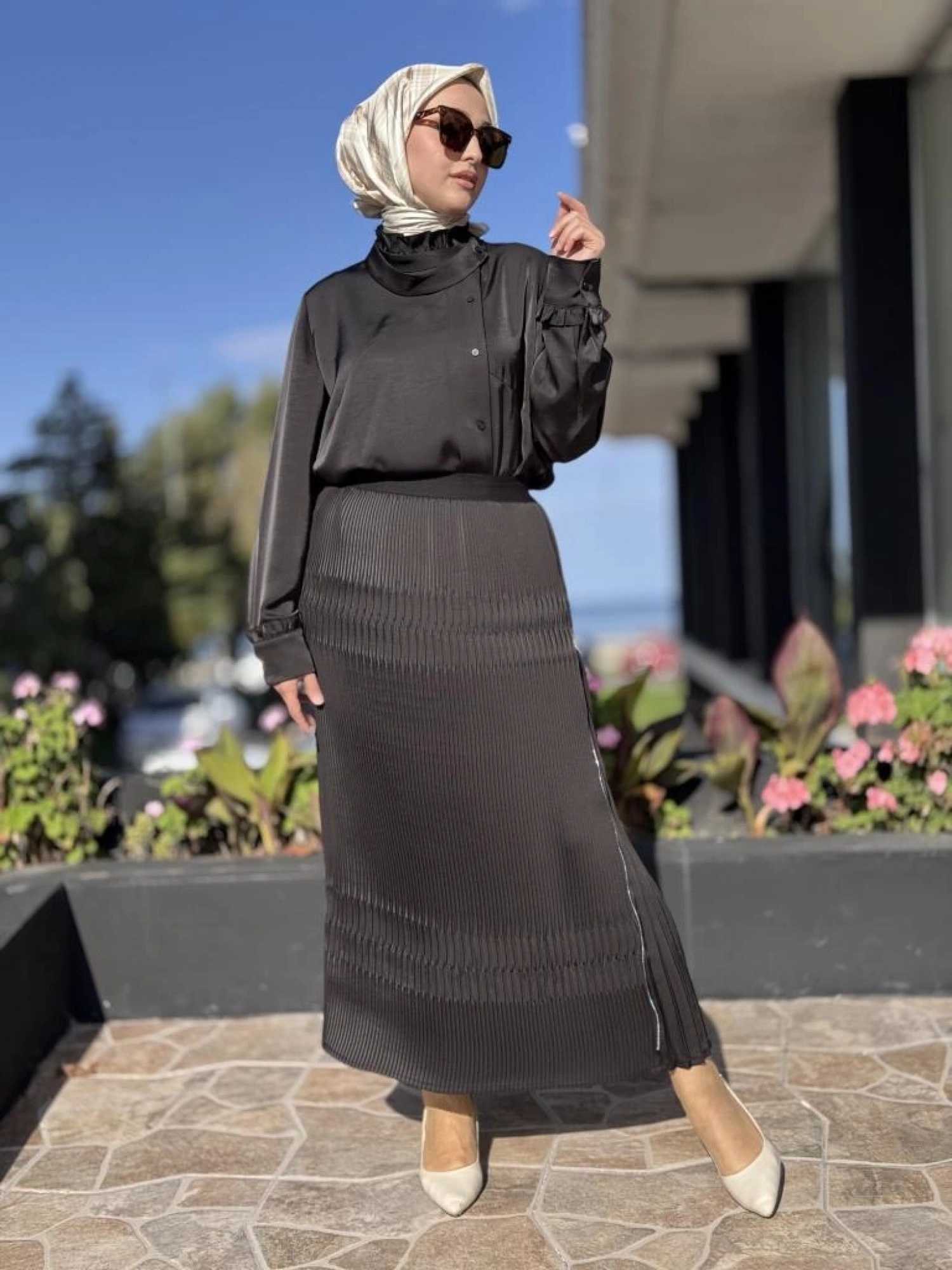 Misswhence Saten Pliseli Fermuarlı Etek Gömlek Takım 38015