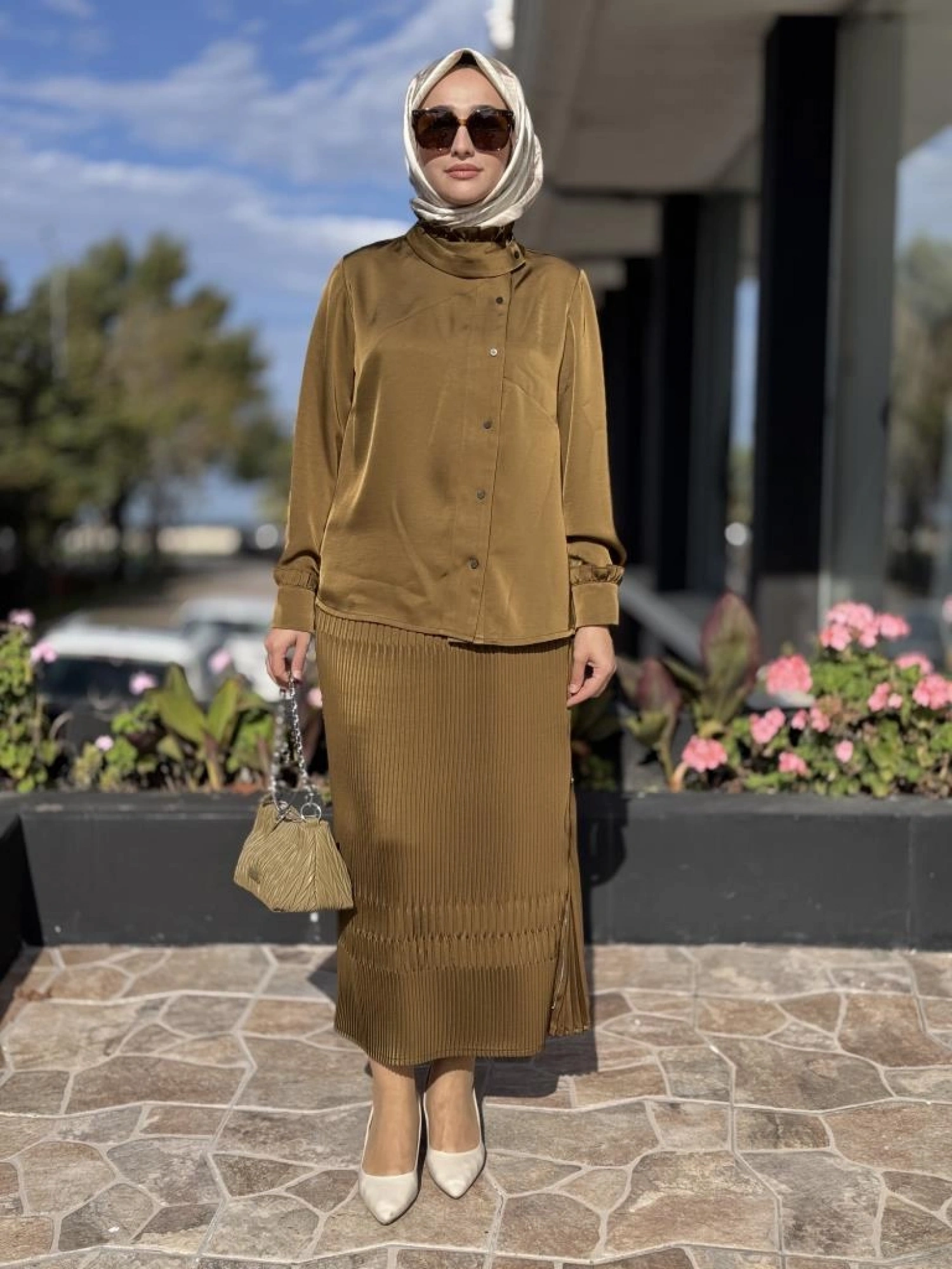 Misswhence Saten Pliseli Fermuarlı Etek Gömlek Takım 38015