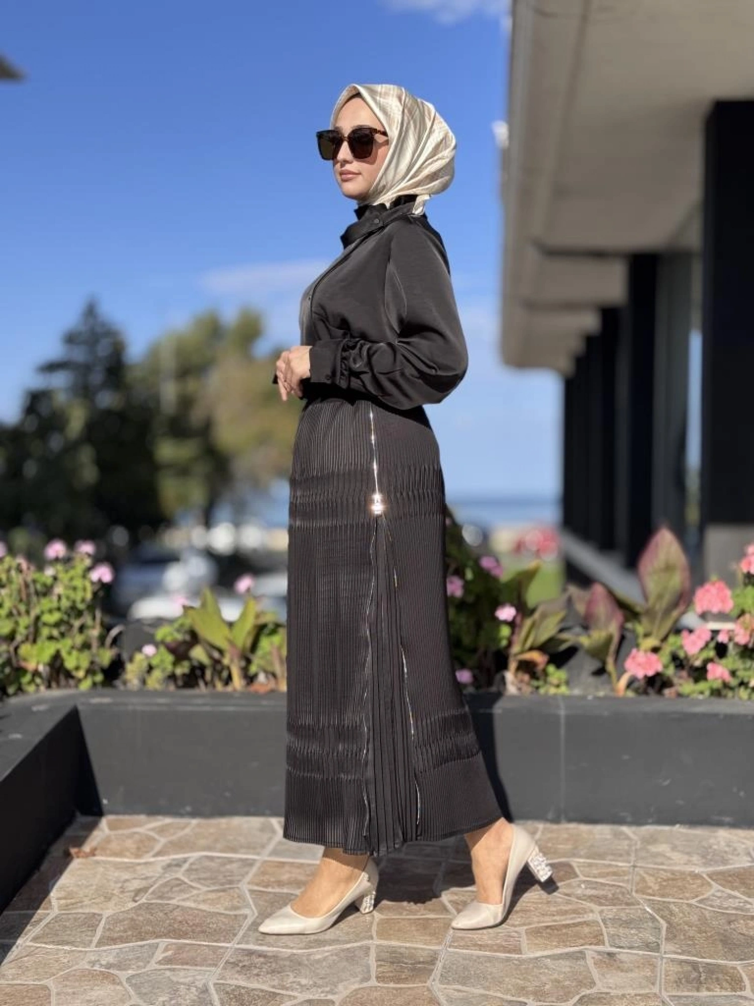 Misswhence Saten Pliseli Fermuarlı Etek Gömlek Takım 38015