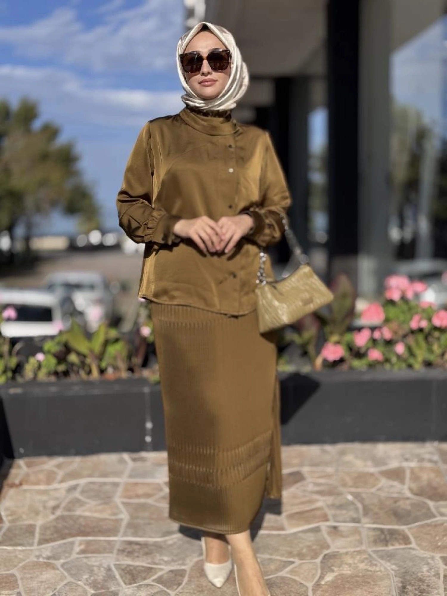 Misswhence Saten Pliseli Fermuarlı Etek Gömlek Takım 38015