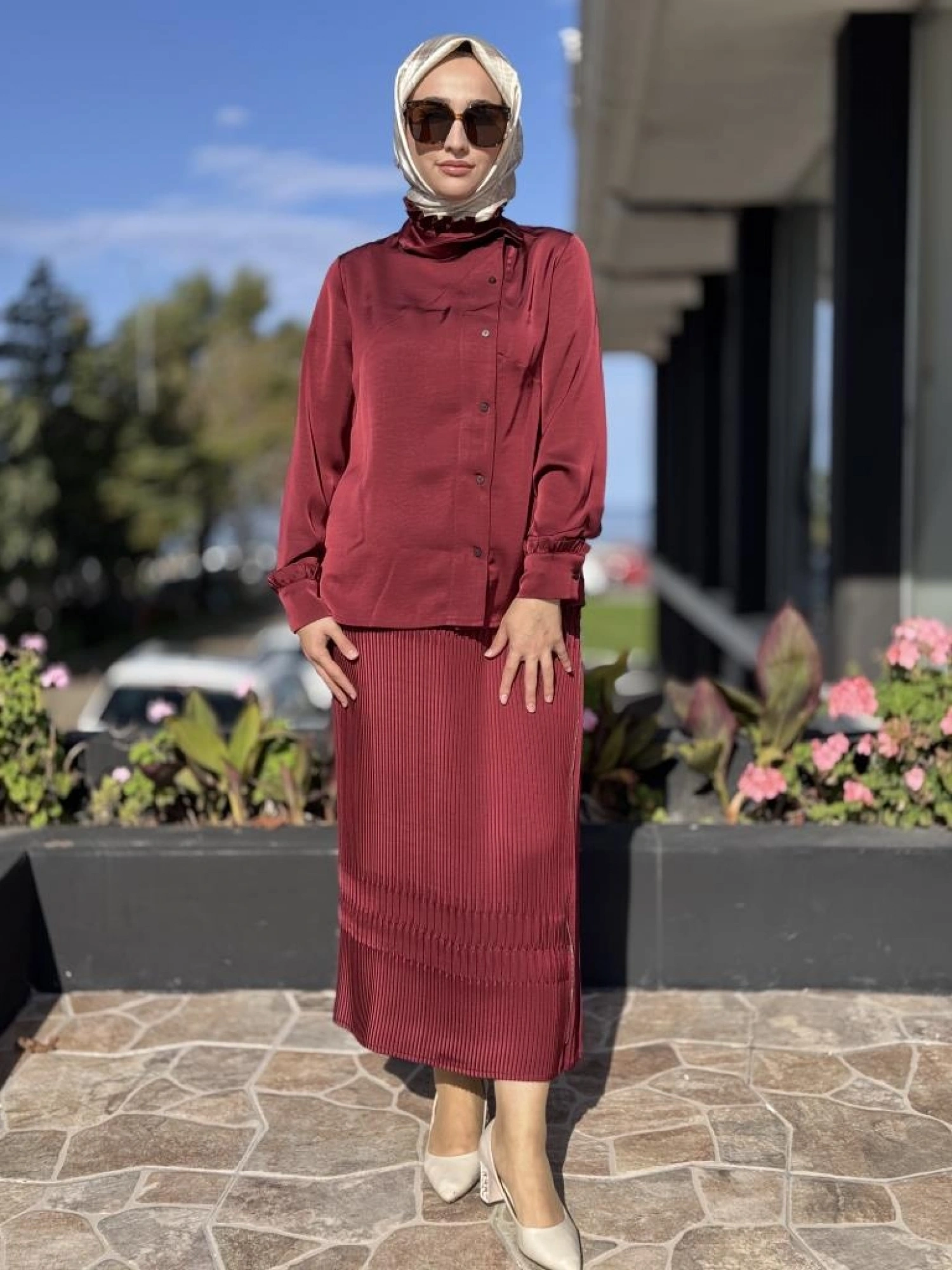 Misswhence Saten Pliseli Fermuarlı Etek Gömlek Takım 38015