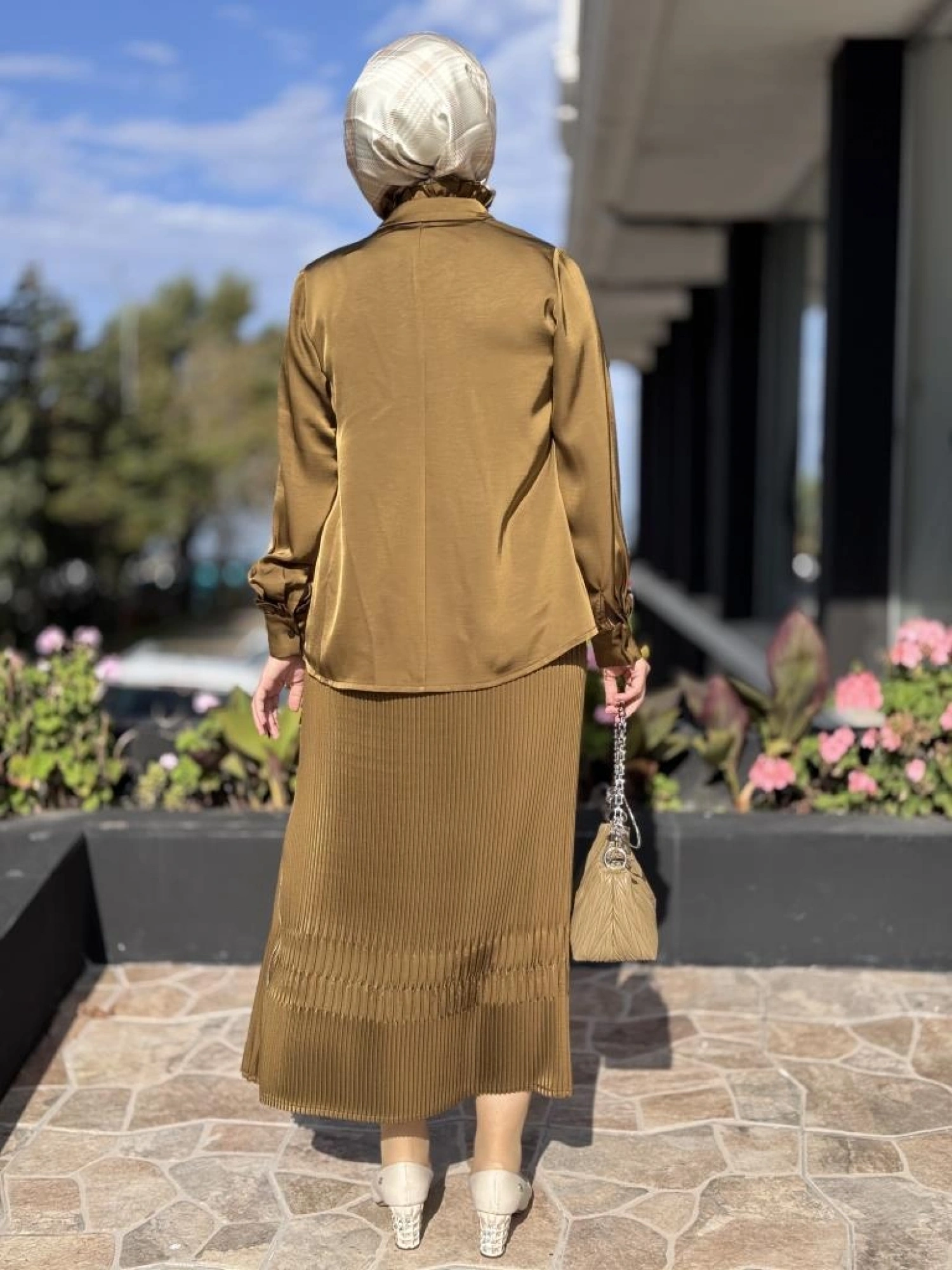 Misswhence Saten Pliseli Fermuarlı Etek Gömlek Takım 38015