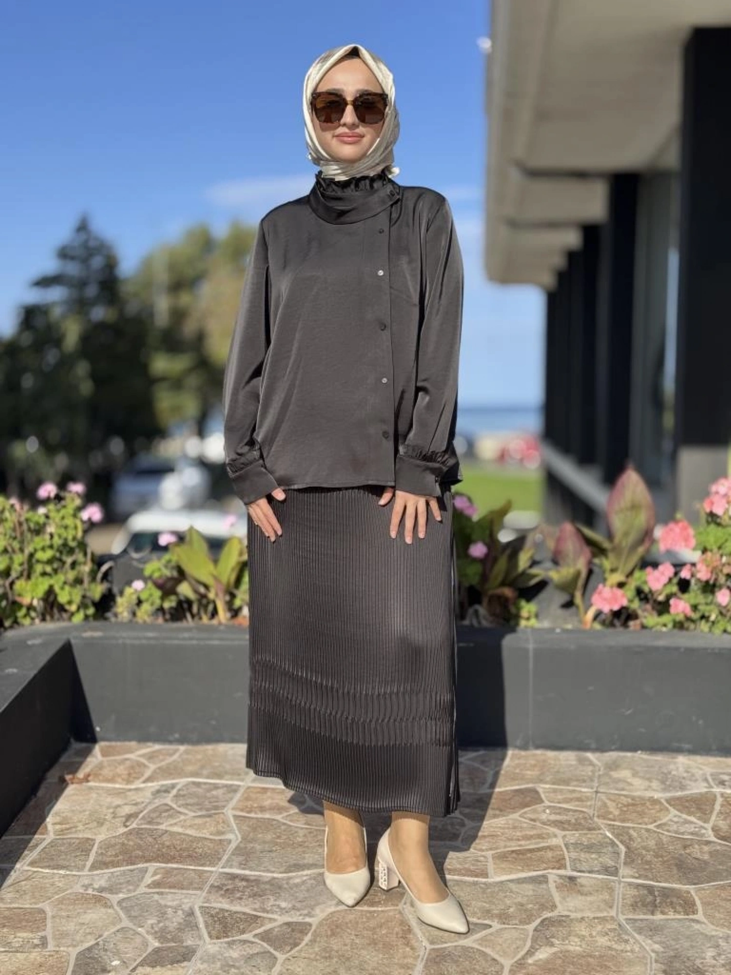 Misswhence Saten Pliseli Fermuarlı Etek Gömlek Takım 38015