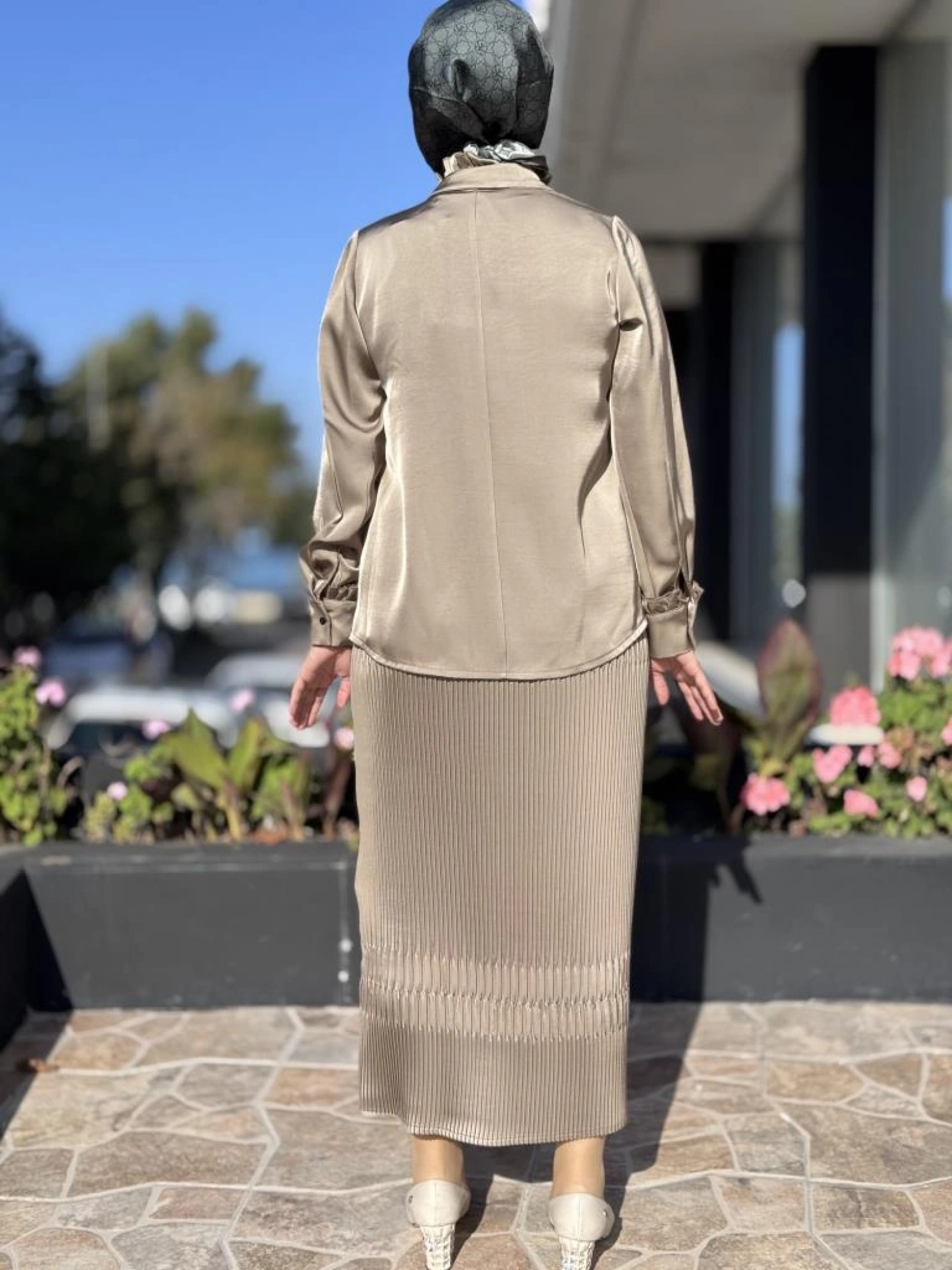 Misswhence Saten Pliseli Fermuarlı Etek Gömlek Takım 38015