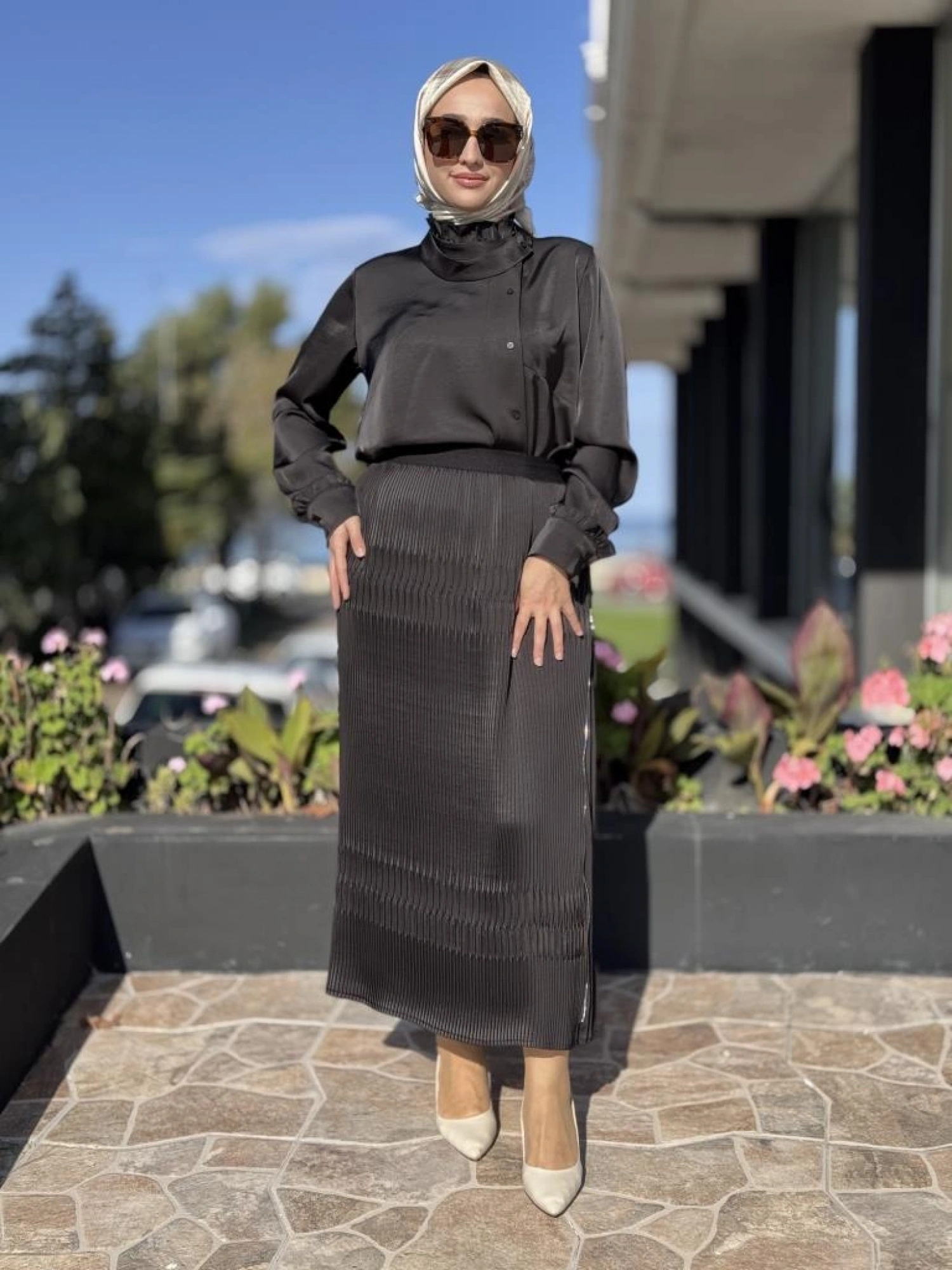 Misswhence Saten Pliseli Fermuarlı Etek Gömlek Takım 38015