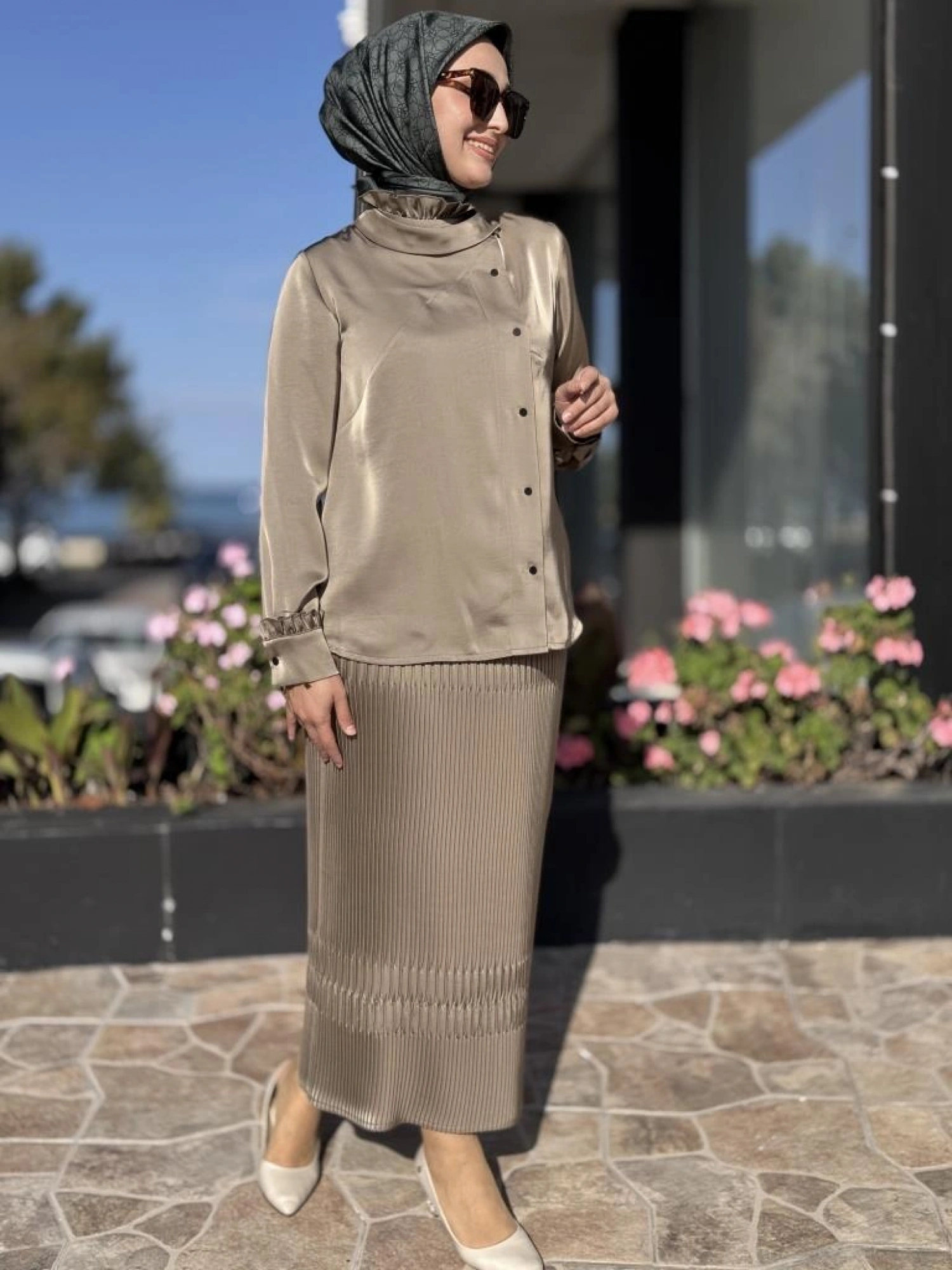 Misswhence Saten Pliseli Fermuarlı Etek Gömlek Takım 38015