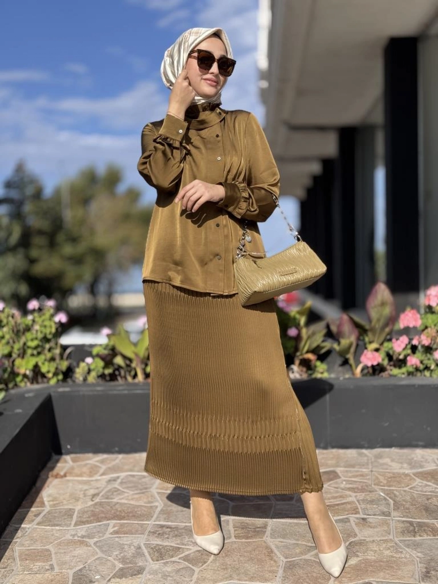 Misswhence Saten Pliseli Fermuarlı Etek Gömlek Takım 38015