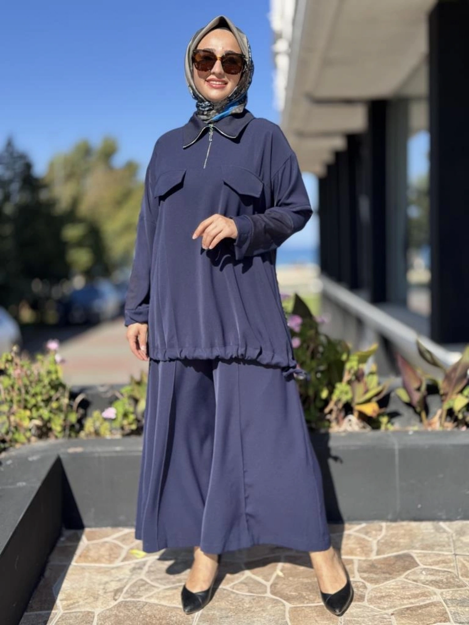 Misswhence Triko Detaylı Fermuar Yakalı Tunik Pantolon Takım 38008