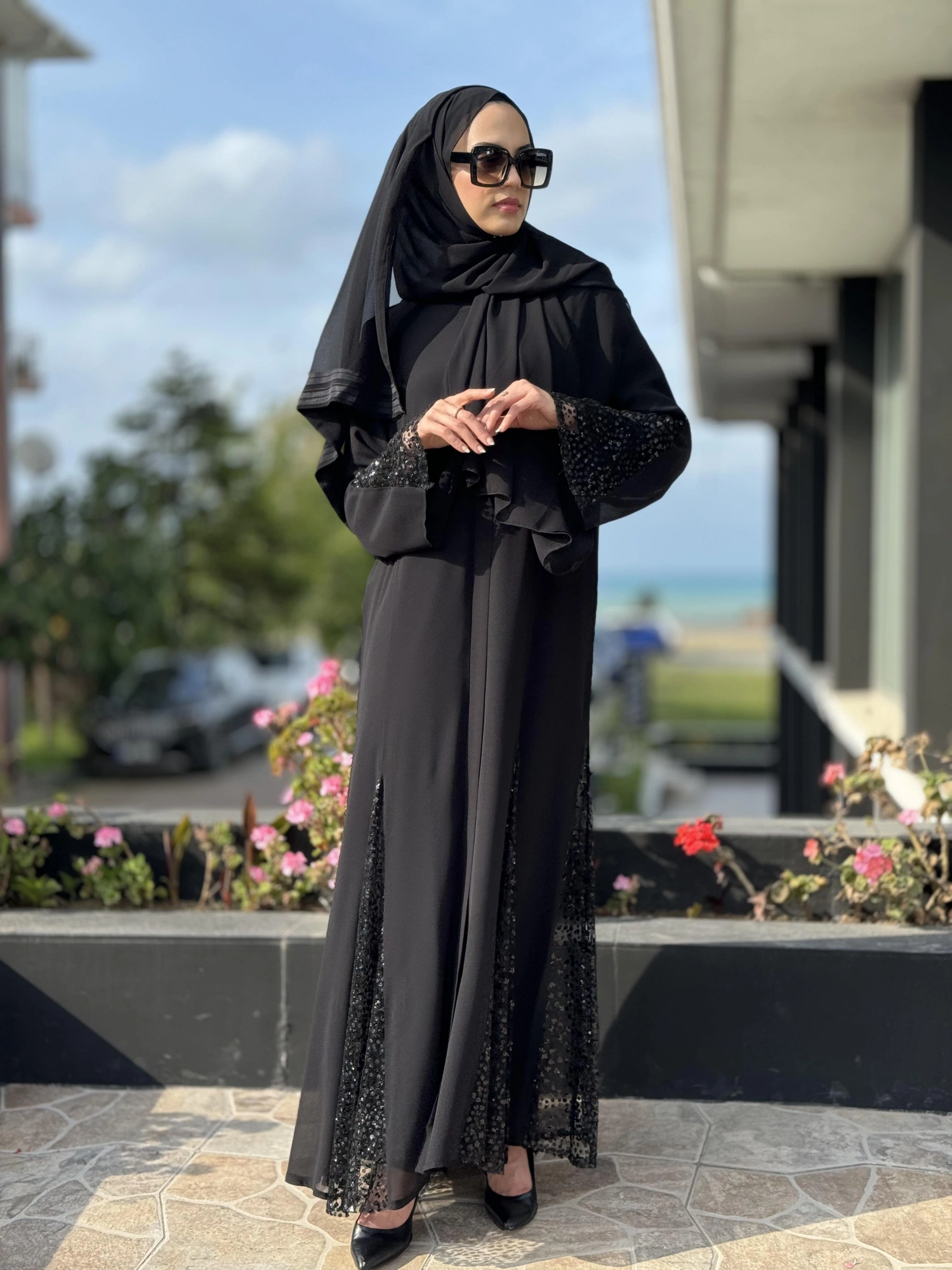 QEFFA Kol Ve Etek Uçları Parça PuL-Payet  Detaylı Siyah Ferace / Elbise Q171