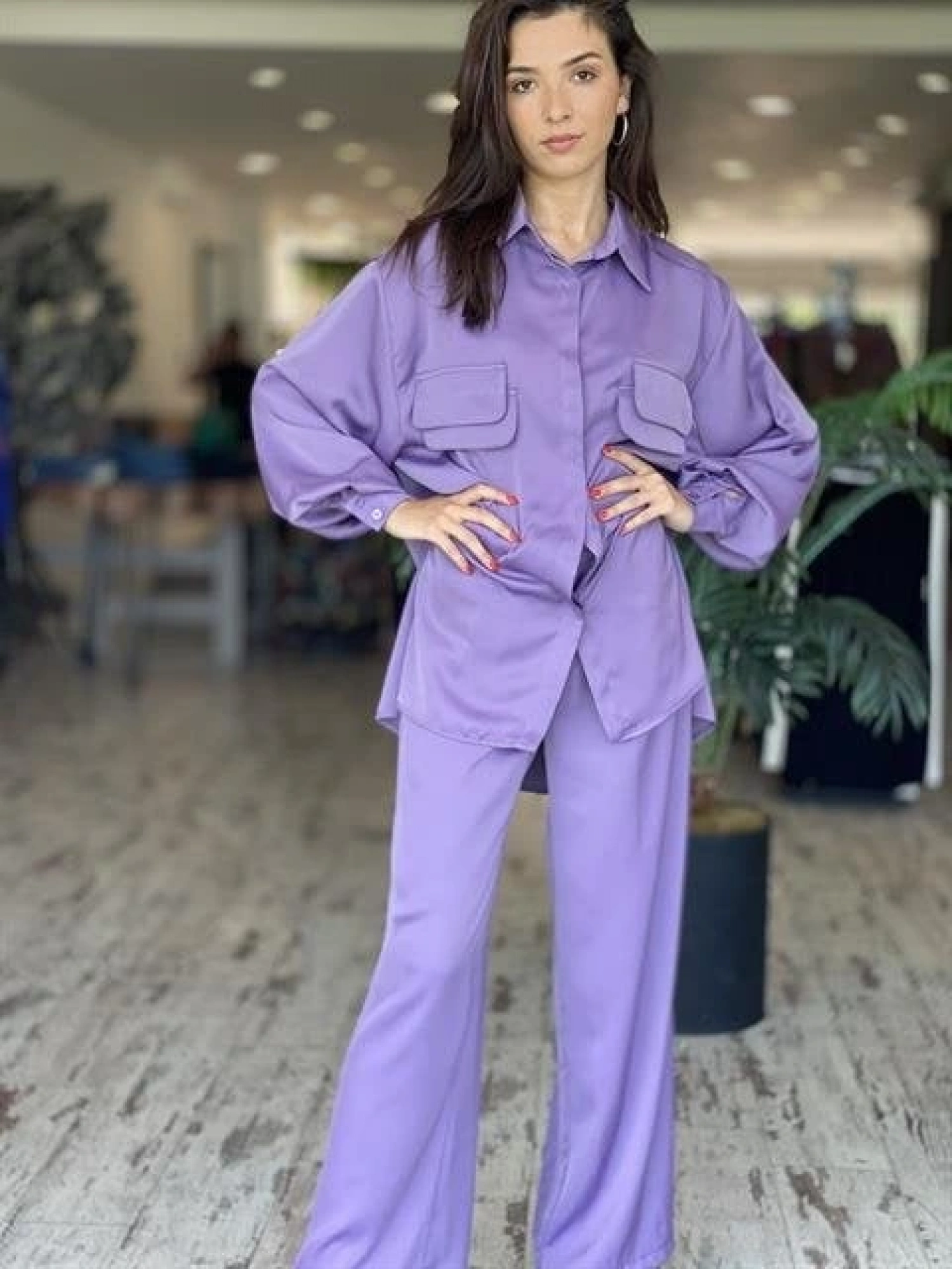 QooQ Saten Bol Paça Lila Pantolon 23SS316