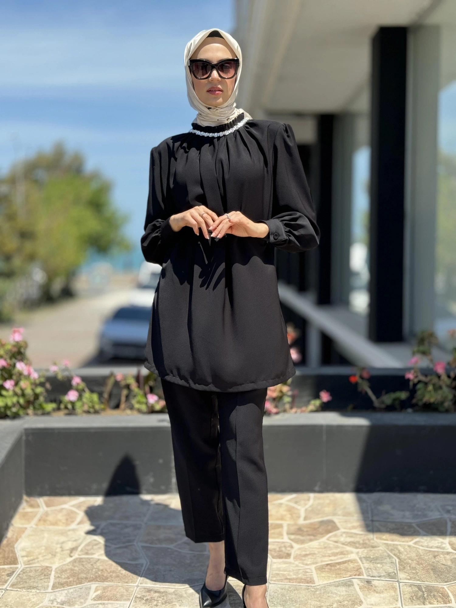 Qupra Boğazı Taşlı Tunik Pantolon Şık Takım QAY62087