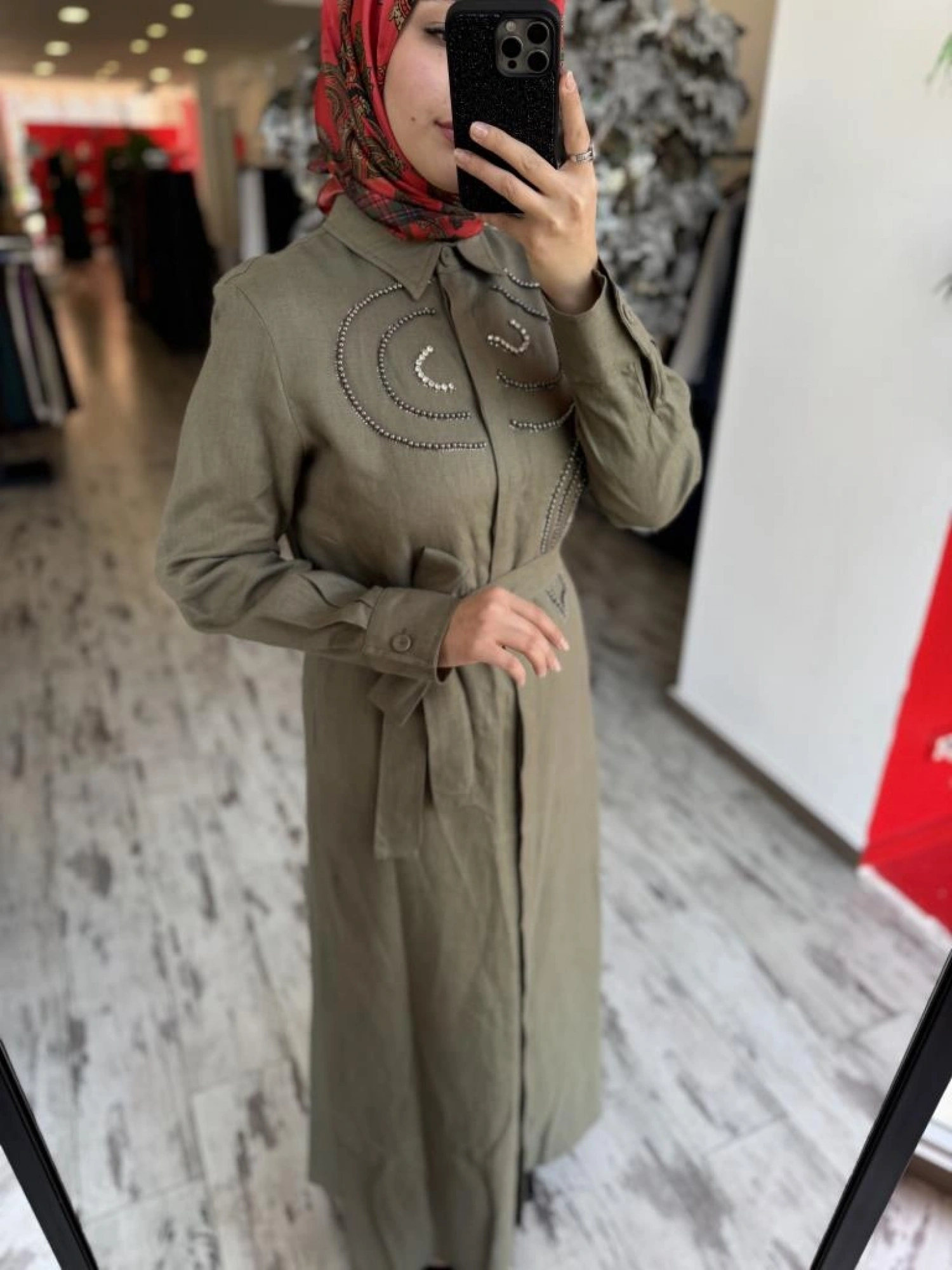 Qupra Boncuk İşlemeli Keten Elbise WAB85008