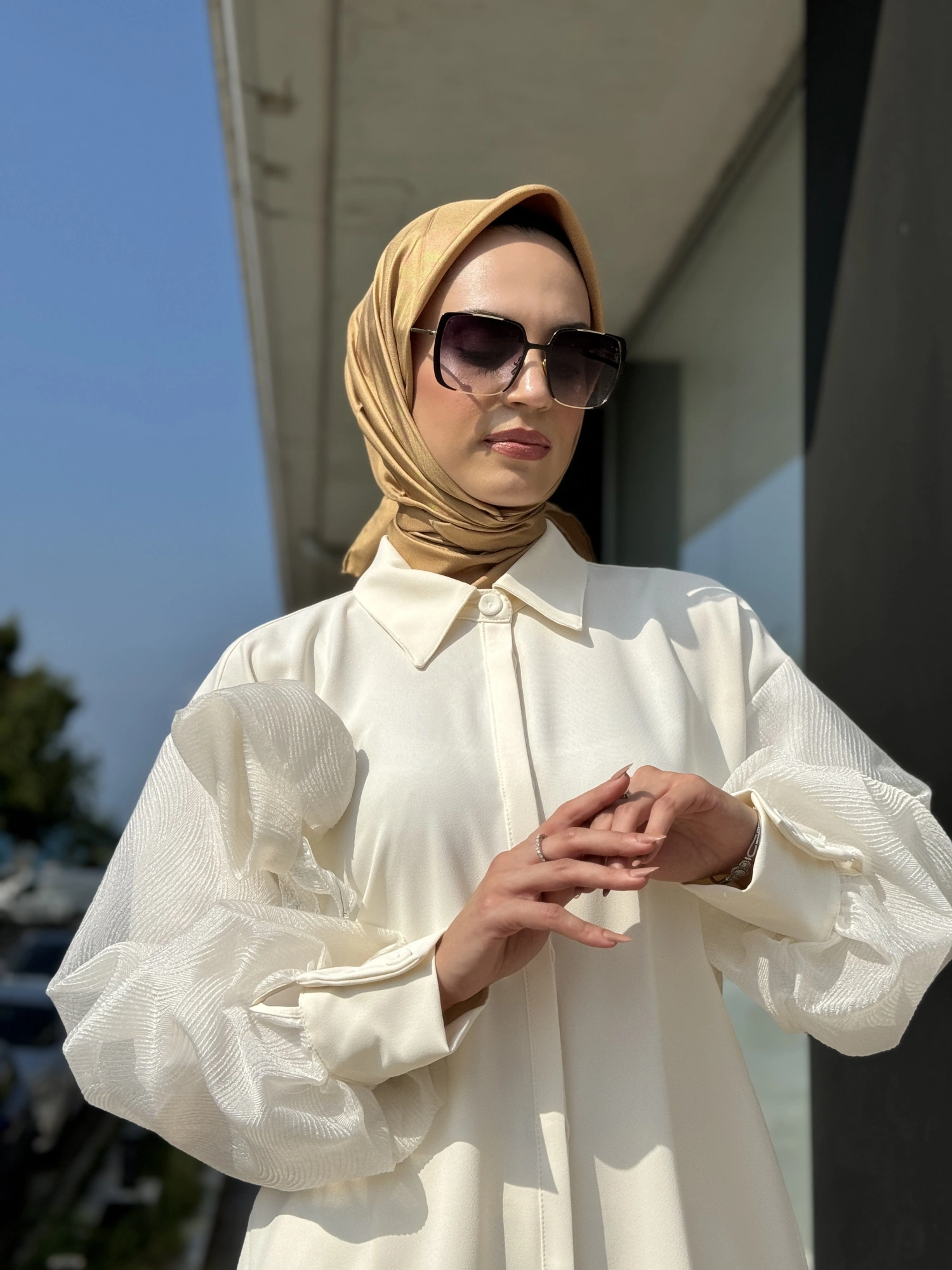 Qupra Kolları Organze Detaylı Şık Gömlek Pantolon Takım QAY62099