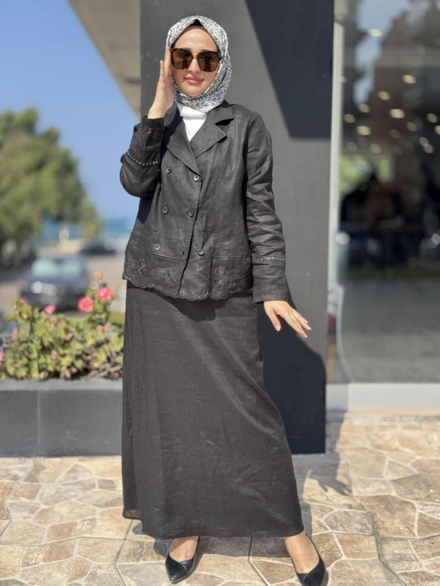 Tığ Triko Beyaziş Nakışlı Keten Kruvaze Ceket Etek Takım TKM3087