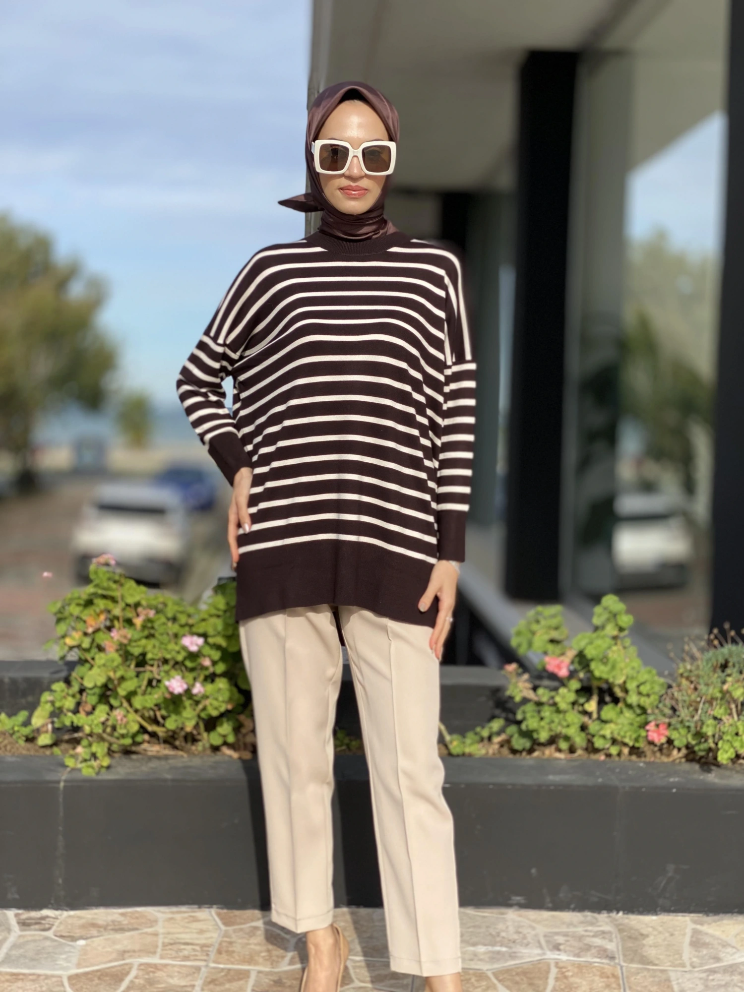 Tığ Triko Çizgili Yün Triko Tunik TNK21495