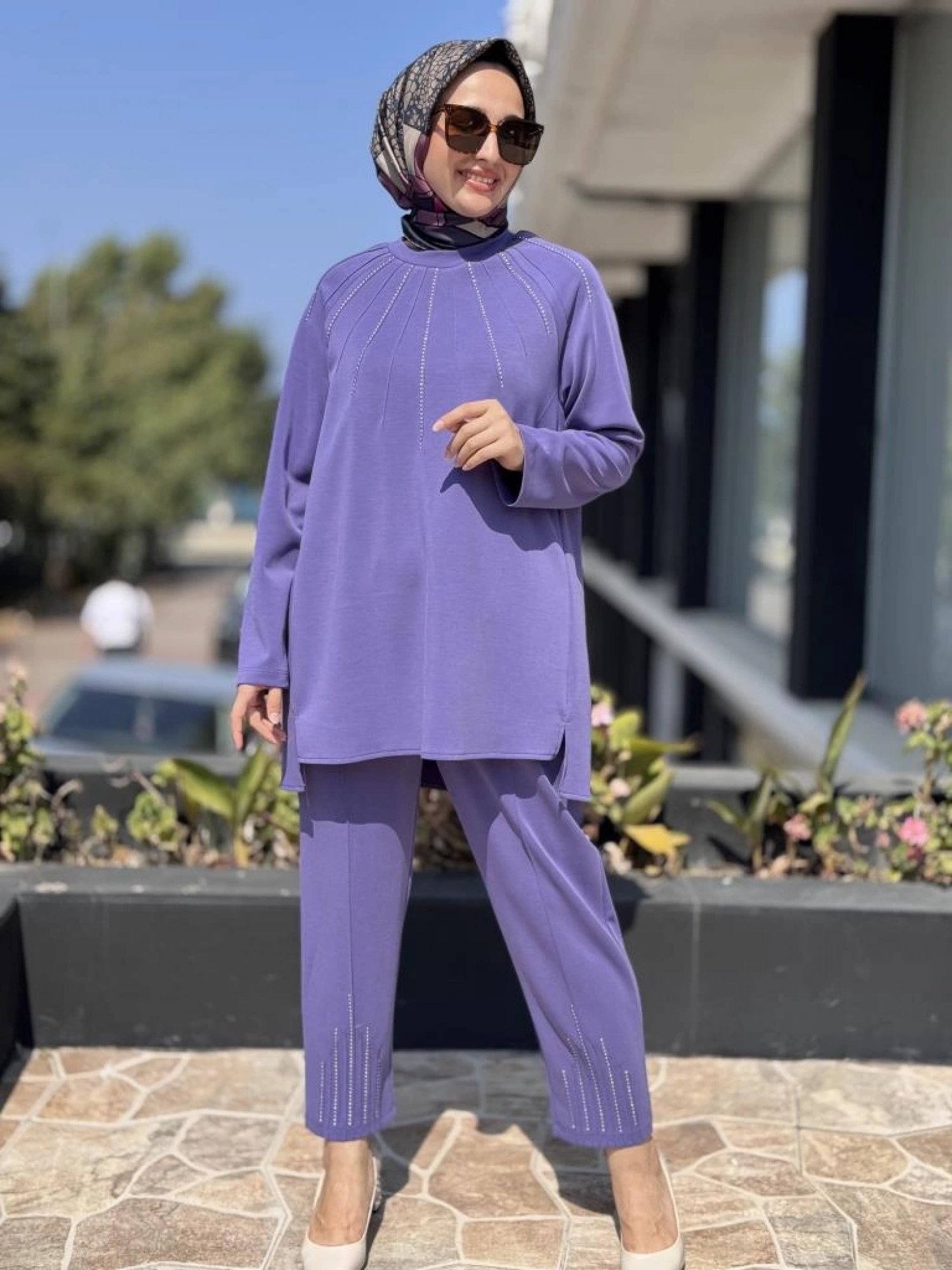 Tığ Triko Metal Süslemeli Nervürlü Tunik Pantolon Takım TKM3043