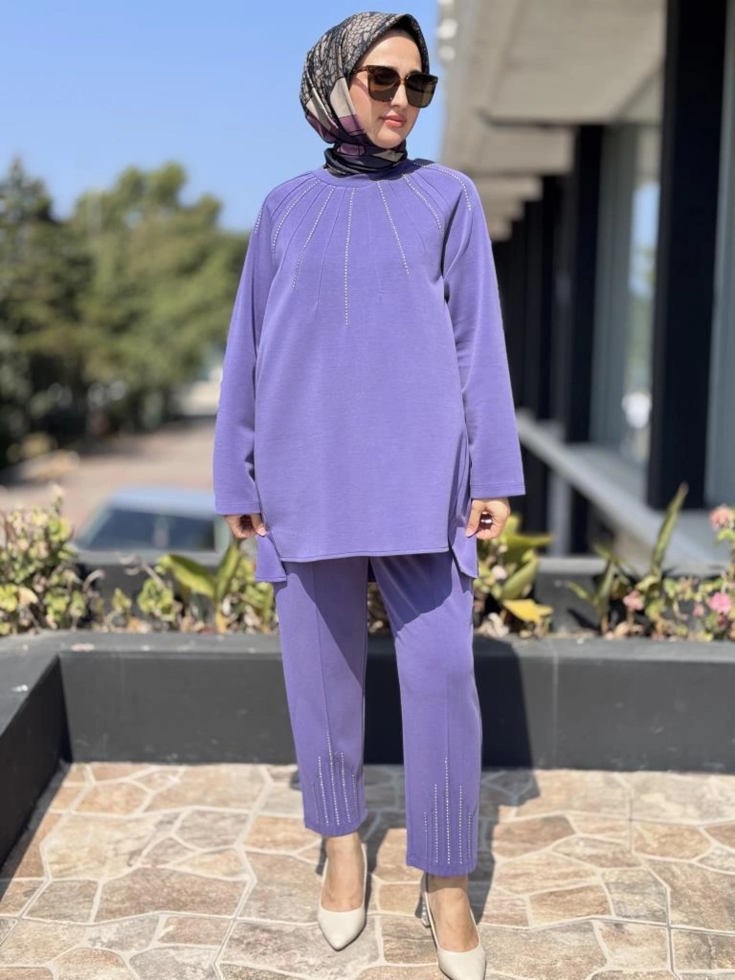 Tığ Triko Metal Süslemeli Nervürlü Tunik Pantolon Takım TKM3043