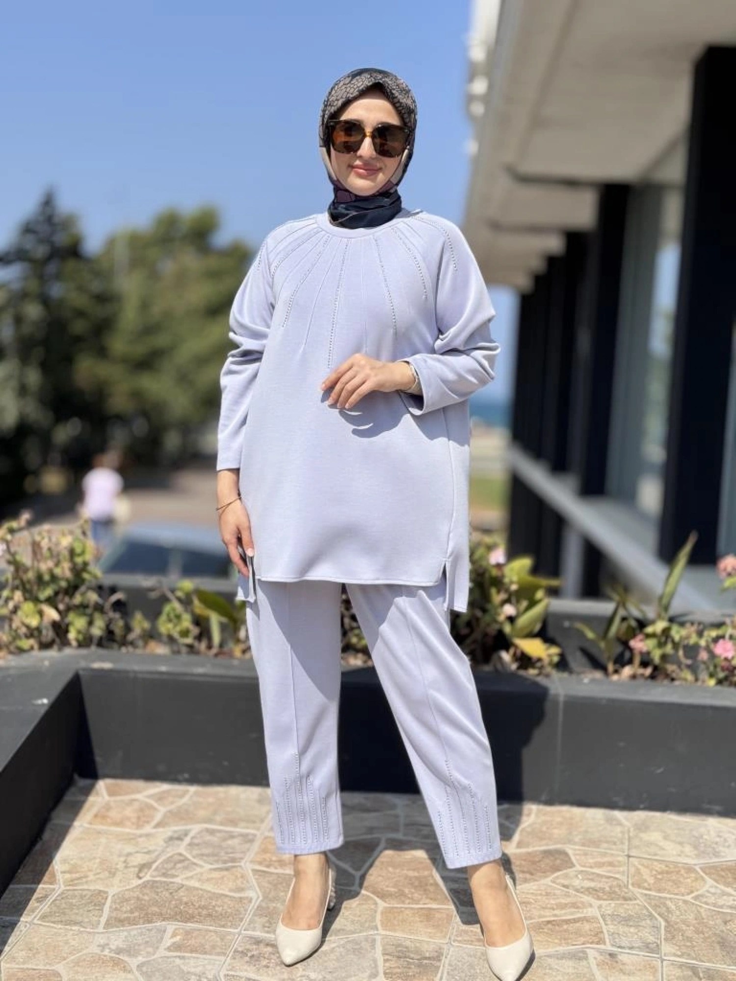 Tığ Triko Metal Süslemeli Nervürlü Tunik Pantolon Takım TKM3043