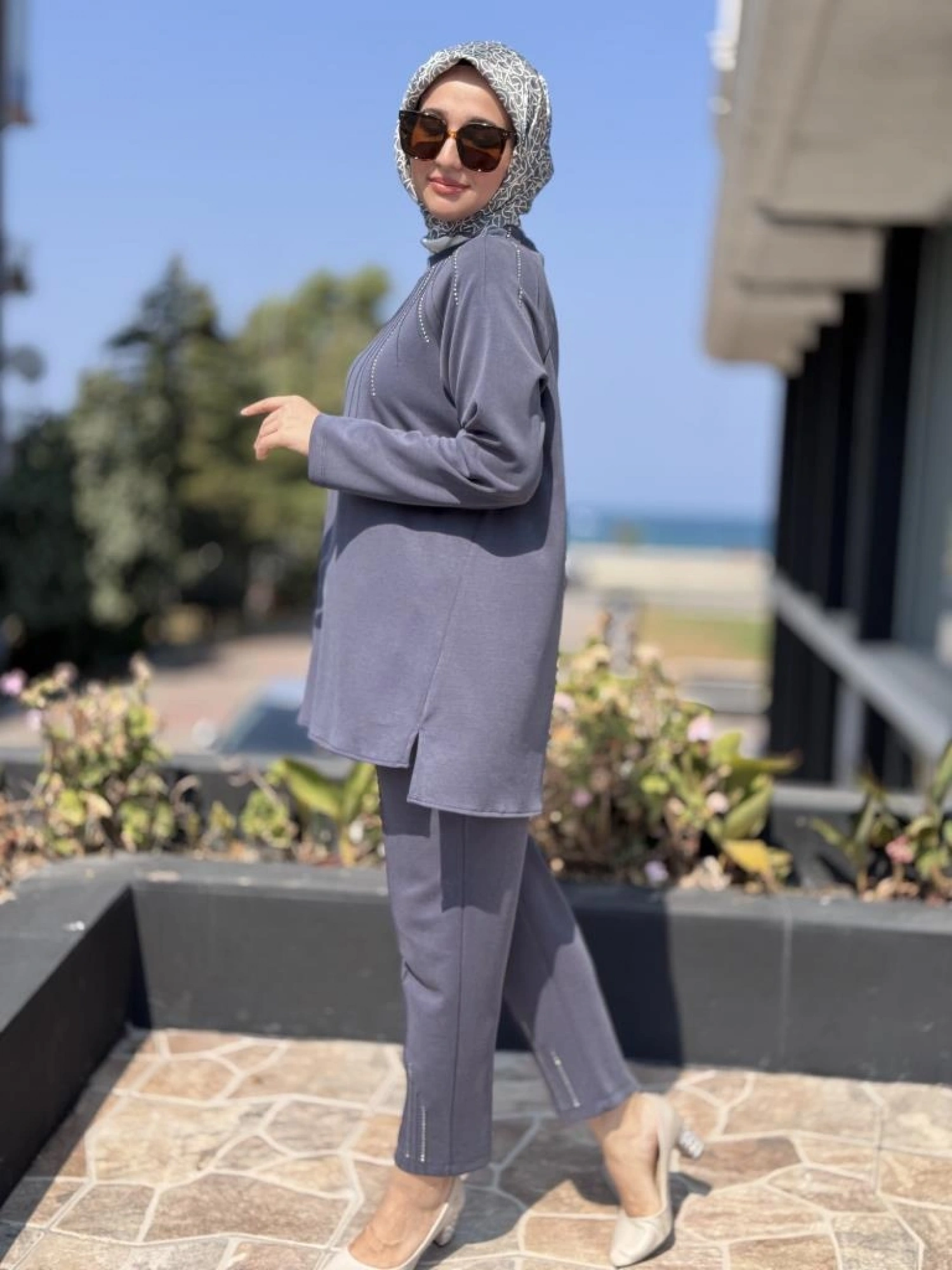 Tığ Triko Metal Süslemeli Nervürlü Tunik Pantolon Takım TKM3043