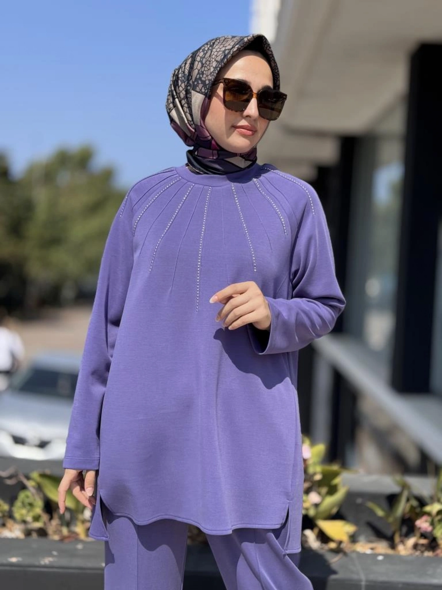 Tığ Triko Metal Süslemeli Nervürlü Tunik Pantolon Takım TKM3043